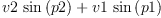 
\label{eq1}{v 2 \ {\sin \left({p 2}\right)}}+{v 1 \ {\sin \left({p 1}\right)}}