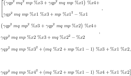 
\label{eq78}\begin{array}{@{}l}
\displaystyle
\left[{
\begin{array}{@{}l}
\displaystyle
{{\left({{{�� qp}^{2}}\ {{mq}^{2}}\  mp \  \%x 3}+{{{�� qp}^{2}}\  mq \  mp \  \%x 1}\right)}\  \%x 4}+ 
\
\
\displaystyle
{{{�� qp}^{2}}\  mq \  mp \  \%x 1 \  \%x 3}+{mp \ {{\%x 1}^{2}}}- \%x 1 
