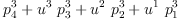 
\label{eq3}{p_{4}^{3}}+{{u^{3}}\ {p_{3}^{3}}}+{{u^{2}}\ {p_{2}^{3}}}+{{u^{1}}\ {p_{1}^{3}}}