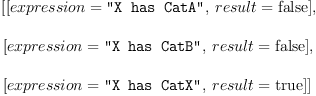 
\label{eq2}\begin{array}{@{}l}
\displaystyle
\left[{\left[{expression = \verb#"X has CatA"#}, \:{result =  \mbox{\rm false} }\right]}, \: \right.
\
\
\displaystyle
\left.{\left[{expression = \verb#"X has CatB"#}, \:{result =  \mbox{\rm false} }\right]}, \: \right.
\
\
\displaystyle
\left.{\left[{expression = \verb#"X has CatX"#}, \:{result =  \mbox{\rm true} }\right]}\right] 
