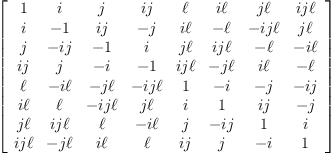 
\label{eq46}\left[ 
\begin{array}{cccccccc}
1 & i & j &{ij}& � � &{i � �}&{j � �}&{{ij}� �}
\
i & - 1 &{ij}& - j &{i � �}& - � � &{-{ij}� �}&{j � �}
\
j & -{ij}& - 1 & i &{j � �}&{{ij}� �}& - � � &{- i � �}
\
{ij}& j & - i & - 1 &{{ij}� �}& -{j � �}&{i � �}& - � � 
\
� � &{- i � �}& -{j � �}&{-{ij}� �}& 1 & - i & - j & -{ij}
\
{i � �}& � � &{-{ij}� �}&{j � �}& i & 1 &{ij}& - j 
\
{j � �}&{{ij}� �}& � � &{- i � �}& j & -{ij}& 1 & i 
\
{{ij}� �}& -{j � �}&{i � �}& � � &{ij}& j & - i & 1 
