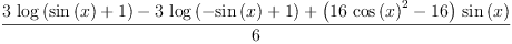 
\label{eq33}\frac{{3 \ {\log \left({{\sin \left({x}\right)}+ 1}\right)}}-{3 \ {\log \left({-{\sin \left({x}\right)}+ 1}\right)}}+{{\left({{1
6}\ {{\cos \left({x}\right)}^{2}}}-{16}\right)}\ {\sin \left({x}\right)}}}{6}