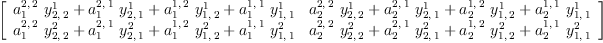 
\label{eq5}\left[ 
\begin{array}{cc}
{{{a_{1}^{2, \: 2}}\ {y_{2, \: 2}^{1}}}+{{a_{1}^{2, \: 1}}\ {y_{2, \: 1}^{1}}}+{{a_{1}^{1, \: 2}}\ {y_{1, \: 2}^{1}}}+{{a_{1}^{1, \: 1}}\ {y_{1, \: 1}^{1}}}}&{{{a_{2}^{2, \: 2}}\ {y_{2, \: 2}^{1}}}+{{a_{2}^{2, \: 1}}\ {y_{2, \: 1}^{1}}}+{{a_{2}^{1, \: 2}}\ {y_{1, \: 2}^{1}}}+{{a_{2}^{1, \: 1}}\ {y_{1, \: 1}^{1}}}}
\
{{{a_{1}^{2, \: 2}}\ {y_{2, \: 2}^{2}}}+{{a_{1}^{2, \: 1}}\ {y_{2, \: 1}^{2}}}+{{a_{1}^{1, \: 2}}\ {y_{1, \: 2}^{2}}}+{{a_{1}^{1, \: 1}}\ {y_{1, \: 1}^{2}}}}&{{{a_{2}^{2, \: 2}}\ {y_{2, \: 2}^{2}}}+{{a_{2}^{2, \: 1}}\ {y_{2, \: 1}^{2}}}+{{a_{2}^{1, \: 2}}\ {y_{1, \: 2}^{2}}}+{{a_{2}^{1, \: 1}}\ {y_{1, \: 1}^{2}}}}
