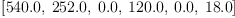 
\label{eq5}\left[{540.0}, \:{252.0}, \:{0.0}, \:{120.0}, \:{0.0}, \:{18.0}\right]