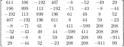 
\label{eq41}\left[ 
\begin{array}{cccccccc}
{611}&{196}& -{192}&{407}& - 8 & -{52}& -{49}&{29}
\
{196}&{899}&{113}& -{192}& -{71}& -{43}& - 8 & -{44}
\
-{192}&{113}&{899}&{196}&{61}&{49}& 8 &{52}
\
{407}& -{192}&{196}&{611}& 8 &{44}&{59}& -{23}
\
- 8 & -{71}&{61}& 8 &{411}& -{599}&{208}&{208}
\
-{52}& -{43}&{49}&{44}& -{599}&{411}&{208}&{208}
\
-{49}& - 8 & 8 &{59}&{208}&{208}&{99}& -{911}
\
{29}& -{44}&{52}& -{23}&{208}&{208}& -{911}&{99}
