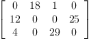 
\label{eq19}\left[ 
\begin{array}{cccc}
0 &{18}& 1 & 0 
\
{12}& 0 & 0 &{25}
\
4 & 0 &{29}& 0 
