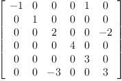 
\label{eq30}\left[ 
\begin{array}{cccccc}
- 1 & 0 & 0 & 0 & 1 & 0 
\
0 & 1 & 0 & 0 & 0 & 0 
\
0 & 0 & 2 & 0 & 0 & - 2 
\
0 & 0 & 0 & 4 & 0 & 0 
\
0 & 0 & 0 & 0 & 3 & 0 
\
0 & 0 & - 3 & 0 & 0 & 3 
