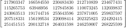 
\label{eq4}\left[ 
\begin{array}{ccccc}
{217903347}&{166584550}&{230483430}&{212710839}&{234677431}
\
{115265753}&{63946956}&{127845836}&{110073245}&{132039837}
\
{243063513}&{191744716}&{255643596}&{237871005}&{259837597}
\
{207518331}&{156199534}&{220098414}&{202325823}&{224292415}
\
{251451515}&{200132718}&{264031598}&{246259007}&{268225599}
