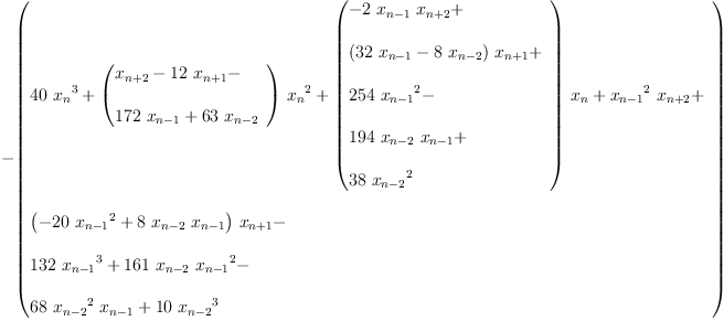 
\label{eq17}\begin{array}{@{}l}
\displaystyle
-{\left({
\begin{array}{@{}l}
\displaystyle
{{40}\ {{x_{n}}^{3}}}+{{\left({
\begin{array}{@{}l}
\displaystyle
{x_{n + 2}}-{{12}\ {x_{n + 1}}}- 
\
\
\displaystyle
{{172}\ {x_{n - 1}}}+{{63}\ {x_{n - 2}}}
