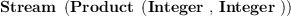 
\label{eq2}\hbox{\axiomType{Stream}\ } \left({\hbox{\axiomType{Product}\ } \left({\hbox{\axiomType{Integer}\ } , \: \hbox{\axiomType{Integer}\ }}\right)}\right)