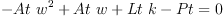 
\label{eq3}{-{At \ {{w}^{2}}}+{At \  w}+{Lt \  k}- Pt}= 0