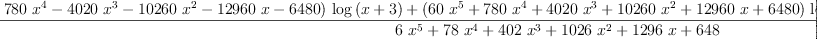 
\label{eq3}\frac{{{\left(-{{60}\ {{x}^{5}}}-{{780}\ {{x}^{4}}}-{{4020}\ {{x}^{3}}}-{{10260}\ {{x}^{2}}}-{{12960}\  x}-{6480}\right)}\ {\log \left({x + 3}\right)}}+{{\left({{60}\ {{x}^{5}}}+{{780}\ {{x}^{4}}}+{{4020}\ {{x}^{3}}}+{{10260}\ {{x}^{2}}}+{{12960}\  x}+{6480}\right)}\ {\log \left({x + 2}\right)}}+{{60}\ {{x}^{4}}}+{{630}\ {{x}^{3}}}+{{2450}\ {{x}^{2}}}+{{4175}\  x}+{2627}}{{6 \ {{x}^{5}}}+{{78}\ {{x}^{4}}}+{{402}\ {{x}^{3}}}+{{1026}\ {{x}^{2}}}+{{1296}\  x}+{648}}