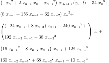 
\label{eq15}\begin{array}{@{}l}
\displaystyle
{{\left(-{{x_{n}}^{2}}+{2 \ {x_{n - 1}}\ {x_{n}}}-{{x_{n - 1}}^{2}}\right)}\ {{x_{{{{, 1}{, 1}}{, 1}}{, 1}}}\left({{x_{0}}, \: t}\right)}}-{{34}\ {{x_{n}}^{3}}}+ 
\
\
\displaystyle
{{\left({8 \ {x_{n + 1}}}+{{156}\ {x_{n - 1}}}-{{62}\ {x_{n - 2}}}\right)}\ {{x_{n}}^{2}}}+ 
\
\
\displaystyle
{{\left({
\begin{array}{@{}l}
\displaystyle
{{\left(-{{24}\ {x_{n - 1}}}+{8 \ {x_{n - 2}}}\right)}\ {x_{n + 1}}}-{{240}\ {{x_{n - 1}}^{2}}}+ 
\
\
\displaystyle
{{192}\ {x_{n - 2}}\ {x_{n - 1}}}-{{38}\ {{x_{n - 2}}^{2}}}
