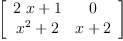 
\label{eq6}\left[ 
\begin{array}{cc}
{{2 \  x}+ 1}& 0 
\
{{{x}^{2}}+ 2}&{x + 2}
