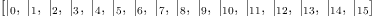
\label{eq3}\left[{|_{0}}, \:{|_{1}}, \:{|_{2}}, \:{|_{3}}, \:{|_{4}}, \:{|_{5}}, \:{|_{6}}, \:{|_{7}}, \:{|_{8}}, \:{|_{9}}, \:{|_{10}}, \:{|_{11}}, \:{|_{12}}, \:{|_{13}}, \:{|_{14}}, \:{|_{15}}\right]
