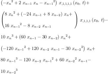 
\label{eq13}\begin{array}{@{}l}
\displaystyle
{{\left(-{{x_{n}}^{2}}+{2 \ {x_{n - 1}}\ {x_{n}}}-{{x_{n - 1}}^{2}}\right)}\ {{x_{{{{, 1}{, 1}}{, 1}}{, 1}}}\left({{x_{0}}, \: t}\right)}}+ 
\
\
\displaystyle
{{\left({
\begin{array}{@{}l}
\displaystyle
{8 \ {{x_{n}}^{2}}}+{{\left(-{{24}\ {x_{n - 1}}}+{8 \ {x_{n - 2}}}\right)}\ {x_{n}}}+ 
\
\
\displaystyle
{{16}\ {{x_{n - 1}}^{2}}}-{8 \ {x_{n - 2}}\ {x_{n - 1}}}
