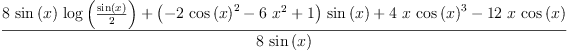 
\label{eq20}\frac{{8 \ {\sin \left({x}\right)}\ {\log \left({\frac{\sin \left({x}\right)}{2}}\right)}}+{{\left(-{2 \ {{\cos \left({x}\right)}^{2}}}-{6 \ {{x}^{2}}}+ 1 \right)}\ {\sin \left({x}\right)}}+{4 \  x \ {{\cos \left({x}\right)}^{3}}}-{{12}\  x \ {\cos \left({x}\right)}}}{8 \ {\sin \left({x}\right)}}