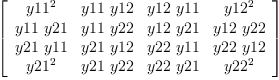 
\label{eq7}\left[ 
\begin{array}{cccc}
{{y 11}^{2}}&{y 11 \  y 12}&{y 12 \  y 11}&{{y 12}^{2}}
\
{y 11 \  y 21}&{y 11 \  y 22}&{y 12 \  y 21}&{y 12 \  y 22}
\
{y 21 \  y 11}&{y 21 \  y 12}&{y 22 \  y 11}&{y 22 \  y 12}
\
{{y 21}^{2}}&{y 21 \  y 22}&{y 22 \  y 21}&{{y 22}^{2}}

