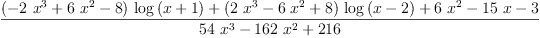 
\label{eq2}\frac{{{\left(-{2 \ {{x}^{3}}}+{6 \ {{x}^{2}}}- 8 \right)}\ {\log \left({x + 1}\right)}}+{{\left({2 \ {{x}^{3}}}-{6 \ {{x}^{2}}}+ 8 \right)}\ {\log \left({x - 2}\right)}}+{6 \ {{x}^{2}}}-{{1
5}\  x}- 3}{{{54}\ {{x}^{3}}}-{{162}\ {{x}^{2}}}+{216}}