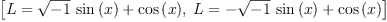 
\label{eq10}\left[{L ={{{\sqrt{- 1}}\ {\sin \left({x}\right)}}+{\cos \left({x}\right)}}}, \:{L ={-{{\sqrt{- 1}}\ {\sin \left({x}\right)}}+{\cos \left({x}\right)}}}\right]