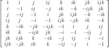 
\label{eq33}\left[ 
\begin{array}{cccccccc}
1 & i & j &{ij}& k &{ik}&{jk}&{{ij}k}
\
i & - 1 &{ij}& - j &{ik}& - k &{-{ij}k}&{jk}
\
j & -{ij}& - 1 & i &{jk}&{{ij}k}& - k &{- ik}
\
{ij}& j & - i & - 1 &{{ij}k}& -{jk}&{ik}& - k 
\
k &{- ik}& -{jk}&{-{ij}k}& - 1 & i & j &{ij}
\
{ik}& k &{-{ij}k}&{jk}& - i & - 1 & -{ij}& j 
\
{jk}&{{ij}k}& k &{- ik}& - j &{ij}& - 1 & - i 
\
{{ij}k}& -{jk}&{ik}& k & -{ij}& - j & i & - 1 

