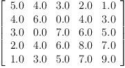 
\label{eq29}\left[ 
\begin{array}{ccccc}
{5.0}&{4.0}&{3.0}&{2.0}&{1.0}
\
{4.0}&{6.0}&{0.0}&{4.0}&{3.0}
\
{3.0}&{0.0}&{7.0}&{6.0}&{5.0}
\
{2.0}&{4.0}&{6.0}&{8.0}&{7.0}
\
{1.0}&{3.0}&{5.0}&{7.0}&{9.0}
