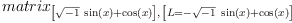 
\label{eq30}matrix_{{\left[{{{\sqrt{- 1}}\ {\sin \left({x}\right)}}+{\cos \left({x}\right)}}\right]}, \:{\left[{L ={-{{\sqrt{- 1}}\ {\sin \left({x}\right)}}+{\cos \left({x}\right)}}}\right]}}