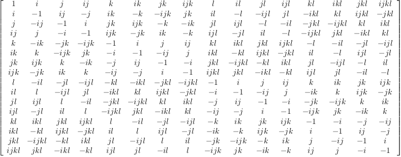 
\label{eq58}\left[ 
\begin{array}{cccccccccccccccc}
1 & i & j &{ij}& k &{ik}&{jk}&{{ij}k}& l &{il}&{jl}&{{ij}l}&{kl}&{{ik}l}&{{jk}l}&{{{ij}k}l}
\
i & - 1 &{ij}& - j &{ik}& - k &{-{ij}k}&{jk}&{il}& - l &{-{ij}l}&{jl}&{{- ik}l}&{kl}&{{{ij}k}l}&{-{jk}l}
\
j & -{ij}& - 1 & i &{jk}&{{ij}k}& - k &{- ik}&{jl}&{{ij}l}& - l &{- il}&{-{jk}l}&{{-{ij}k}l}&{kl}&{{ik}l}
\
{ij}& j & - i & - 1 &{{ij}k}& -{jk}&{ik}& - k &{{ij}l}&{- jl}&{il}& - l &{{-{ij}k}l}&{{jk}l}&{{- ik}l}&{kl}
\
k &{- ik}& -{jk}&{-{ij}k}& - 1 & i & j &{ij}&{kl}&{{ik}l}&{{jk}l}&{{{ij}k}l}& - l &{- il}&{- jl}&{-{ij}l}
\
{ik}& k &{-{ij}k}&{jk}& - i & - 1 & -{ij}& j &{{ik}l}& -{kl}&{{{ij}k}l}&{-{jk}l}&{il}& - l &{{ij}l}&{- jl}
\
{jk}&{{ij}k}& k &{- ik}& - j &{ij}& - 1 & - i &{{jk}l}&{{-{ij}k}l}& -{kl}&{{ik}l}&{jl}&{-{ij}l}& - l &{il}
\
{{ij}k}& -{jk}&{ik}& k & -{ij}& - j & i & - 1 &{{{ij}k}l}&{{jk}l}&{{- ik}l}& -{kl}&{{ij}l}&{jl}&{- il}& - l 
\
l &{- il}&{- jl}&{-{ij}l}& -{kl}&{{- ik}l}&{-{jk}l}&{{-{ij}k}l}& - 1 & i & j &{ij}& k &{ik}&{jk}&{{ij}k}
\
{il}& l &{-{ij}l}&{jl}&{{- ik}l}&{kl}&{{{ij}k}l}&{-{jk}l}& - i & - 1 & -{ij}& j &{- ik}& k &{{ij}k}& -{jk}
\
{jl}&{{ij}l}& l &{- il}&{-{jk}l}&{{-{ij}k}l}&{kl}&{{ik}l}& - j &{ij}& - 1 & - i & -{jk}&{-{ij}k}& k &{ik}
\
{{ij}l}&{- jl}&{il}& l &{{-{ij}k}l}&{{jk}l}&{{- ik}l}&{kl}& -{ij}& - j & i & - 1 &{-{ij}k}&{jk}&{- ik}& k 
\
{kl}&{{ik}l}&{{jk}l}&{{{ij}k}l}& l &{- il}&{- jl}&{-{ij}l}& - k &{ik}&{jk}&{{ij}k}& - 1 & - i & - j & -{ij}
\
{{ik}l}& -{kl}&{{{ij}k}l}&{-{jk}l}&{il}& l &{{ij}l}&{- jl}&{- ik}& - k &{{ij}k}& -{jk}& i & - 1 &{ij}& - j 
\
{{jk}l}&{{-{ij}k}l}& -{kl}&{{ik}l}&{jl}&{-{ij}l}& l &{il}& -{jk}&{-{ij}k}& - k &{ik}& j & -{ij}& - 1 & i 
\
{{{ij}k}l}&{{jk}l}&{{- ik}l}& -{kl}&{{ij}l}&{jl}&{- il}& l &{-{ij}k}&{jk}&{- ik}& - k &{ij}& j & - i & - 1 
