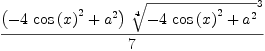 
\label{eq64}{{\left(-{4 \ {{\cos \left({x}\right)}^{2}}}+{{a}^{2}}\right)}\ {{\root{4}\of{-{4 \ {{\cos \left({x}\right)}^{2}}}+{{a}^{2}}}}^{3}}}\over 7