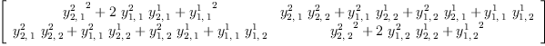 
\label{eq41}\left[ 
\begin{array}{cc}
{{{y_{2, \: 1}^{2}}^{2}}+{2 \ {y_{1, \: 1}^{2}}\ {y_{2, \: 1}^{1}}}+{{y_{1, \: 1}^{1}}^{2}}}&{{{y_{2, \: 1}^{2}}\ {y_{2, \: 2}^{2}}}+{{y_{1, \: 1}^{2}}\ {y_{2, \: 2}^{1}}}+{{y_{1, \: 2}^{2}}\ {y_{2, \: 1}^{1}}}+{{y_{1, \: 1}^{1}}\ {y_{1, \: 2}^{1}}}}
\
{{{y_{2, \: 1}^{2}}\ {y_{2, \: 2}^{2}}}+{{y_{1, \: 1}^{2}}\ {y_{2, \: 2}^{1}}}+{{y_{1, \: 2}^{2}}\ {y_{2, \: 1}^{1}}}+{{y_{1, \: 1}^{1}}\ {y_{1, \: 2}^{1}}}}&{{{y_{2, \: 2}^{2}}^{2}}+{2 \ {y_{1, \: 2}^{2}}\ {y_{2, \: 2}^{1}}}+{{y_{1, \: 2}^{1}}^{2}}}
