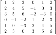 
\label{eq37}\left[ 
\begin{array}{cccccc}
1 & 2 & 3 & 0 & 1 & 2 
\
2 & 4 & 5 & - 1 & 0 & 3 
\
3 & 5 & 6 & - 2 & - 3 & 0 
\
0 & - 1 & - 2 & 1 & 2 & 3 
\
1 & 0 & - 3 & 2 & 4 & 5 
\
2 & 3 & 0 & 3 & 5 & 6 
