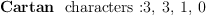 
\label{eq26}\mbox{\rm \hbox{\axiomType{Cartan}\ } characters :}{3, \: 3, \: 1, \: 0}