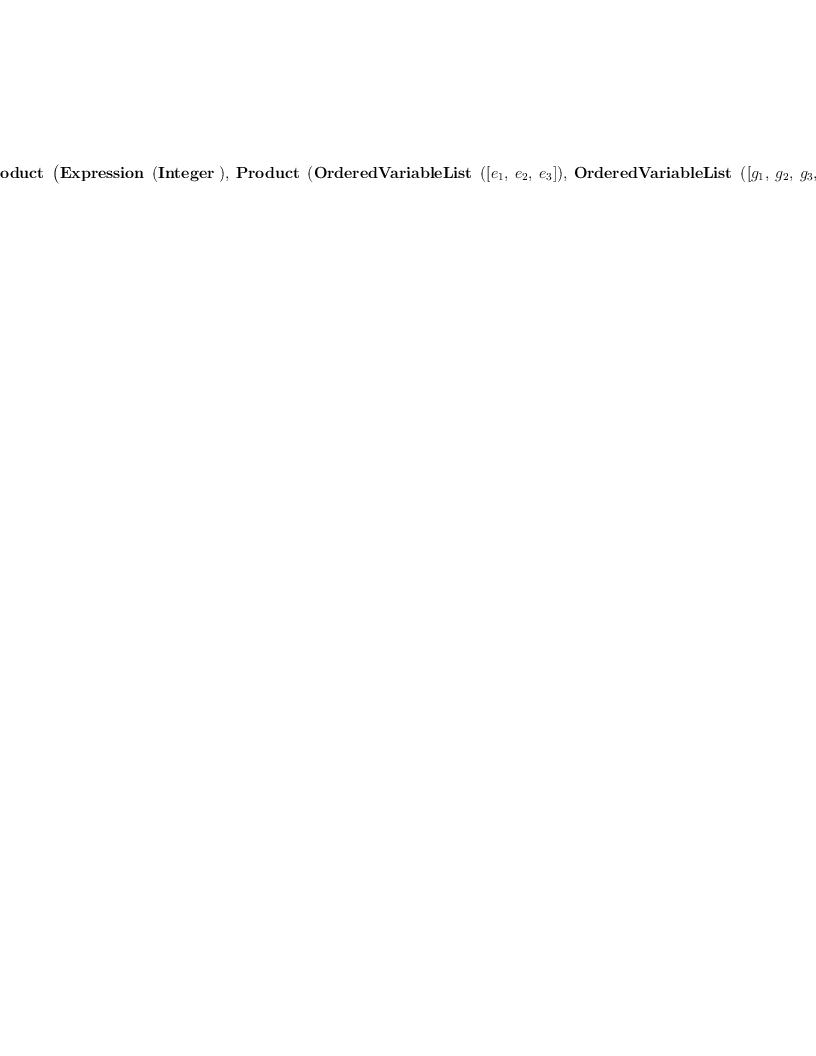 
\label{eq12}\hbox{\axiomType{TensorProduct}\ } \left({{\hbox{\axiomType{Expression}\ } \left({\hbox{\axiomType{Integer}\ }}\right)}, \:{\hbox{\axiomType{Product}\ } \left({{\hbox{\axiomType{OrderedVariableList}\ } \left({\left[{e_{1}}, \:{e_{2}}, \:{e_{3}}\right]}\right)}, \:{\hbox{\axiomType{OrderedVariableList}\ } \left({\left[{g_{1}}, \:{g_{2}}, \:{g_{3}}, \:{g_{4}}\right]}\right)}}\right)}, \:{\hbox{\axiomType{OrderedVariableList}\ } \left({\left[{h^{1}}, \:{h^{2}}, \:{h^{3}}, \:{h^{4}}\right]}\right)}, \:{\hbox{\axiomType{TensorProduct}\ } \left({{\hbox{\axiomType{Expression}\ } \left({\hbox{\axiomType{Integer}\ }}\right)}, \:{\hbox{\axiomType{OrderedVariableList}\ } \left({\left[{e_{1}}, \:{e_{2}}, \:{e_{3}}\right]}\right)}, \:{\hbox{\axiomType{OrderedVariableList}\ } \left({\left[{g_{1}}, \:{g_{2}}, \:{g_{3}}, \:{g_{4}}\right]}\right)}, \:{\hbox{\axiomType{FreeModule}\ } \left({{\hbox{\axiomType{Expression}\ } \left({\hbox{\axiomType{Integer}\ }}\right)}, \:{\hbox{\axiomType{OrderedVariableList}\ } \left({\left[{e_{1}}, \:{e_{2}}, \:{e_{3}}\right]}\right)}}\right)}, \:{\hbox{\axiomType{FreeModule}\ } \left({{\hbox{\axiomType{Expression}\ } \left({\hbox{\axiomType{Integer}\ }}\right)}, \:{\hbox{\axiomType{OrderedVariableList}\ } \left({\left[{g_{1}}, \:{g_{2}}, \:{g_{3}}, \:{g_{4}}\right]}\right)}}\right)}}\right)}, \:{\hbox{\axiomType{FreeModule}\ } \left({{\hbox{\axiomType{Expression}\ } \left({\hbox{\axiomType{Integer}\ }}\right)}, \:{\hbox{\axiomType{OrderedVariableList}\ } \left({\left[{h^{1}}, \:{h^{2}}, \:{h^{3}}, \:{h^{4}}\right]}\right)}}\right)}}\right)