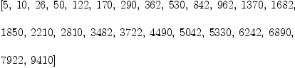 
\label{eq72}\begin{array}{@{}l}
\displaystyle
\left[ 5, \:{10}, \:{26}, \:{50}, \:{122}, \:{170}, \:{290}, \:{362}, \:{530}, \:{842}, \:{962}, \:{1370}, \:{1682}, \: \right.
\
\
\displaystyle
\left.{1850}, \:{2210}, \:{2810}, \:{3482}, \:{3722}, \:{4490}, \:{5042}, \:{5330}, \:{6242}, \:{6890}, \: \right.
\
\
\displaystyle
\left.{7922}, \:{9410}\right] 
