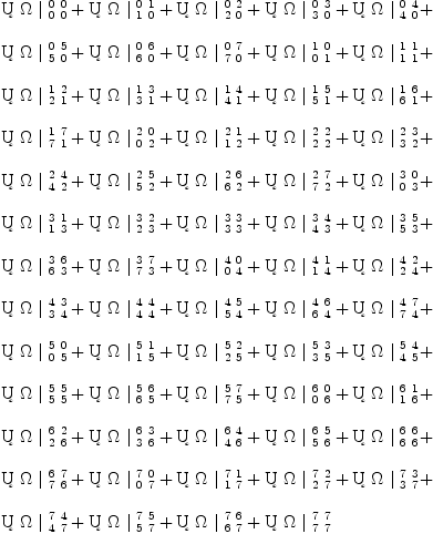 
\label{eq26}\begin{array}{@{}l}
\displaystyle
{�� \  �� \ {|_{\  0 \  0}^{\  0 \  0}}}+{�� \  �� \ {|_{\  1 \  0}^{\  0 \  1}}}+{�� \  �� \ {|_{\  2 \  0}^{\  0 \  2}}}+{�� \  �� \ {|_{\  3 \  0}^{\  0 \  3}}}+{�� \  �� \ {|_{\  4 \  0}^{\  0 \  4}}}+ 
\
\
\displaystyle
{�� \  �� \ {|_{\  5 \  0}^{\  0 \  5}}}+{�� \  �� \ {|_{\  6 \  0}^{\  0 \  6}}}+{�� \  �� \ {|_{\  7 \  0}^{\  0 \  7}}}+{�� \  �� \ {|_{\  0 \  1}^{\  1 \  0}}}+{�� \  �� \ {|_{\  1 \  1}^{\  1 \  1}}}+ 
\
\
\displaystyle
{�� \  �� \ {|_{\  2 \  1}^{\  1 \  2}}}+{�� \  �� \ {|_{\  3 \  1}^{\  1 \  3}}}+{�� \  �� \ {|_{\  4 \  1}^{\  1 \  4}}}+{�� \  �� \ {|_{\  5 \  1}^{\  1 \  5}}}+{�� \  �� \ {|_{\  6 \  1}^{\  1 \  6}}}+ 
\
\
\displaystyle
{�� \  �� \ {|_{\  7 \  1}^{\  1 \  7}}}+{�� \  �� \ {|_{\  0 \  2}^{\  2 \  0}}}+{�� \  �� \ {|_{\  1 \  2}^{\  2 \  1}}}+{�� \  �� \ {|_{\  2 \  2}^{\  2 \  2}}}+{�� \  �� \ {|_{\  3 \  2}^{\  2 \  3}}}+ 
\
\
\displaystyle
{�� \  �� \ {|_{\  4 \  2}^{\  2 \  4}}}+{�� \  �� \ {|_{\  5 \  2}^{\  2 \  5}}}+{�� \  �� \ {|_{\  6 \  2}^{\  2 \  6}}}+{�� \  �� \ {|_{\  7 \  2}^{\  2 \  7}}}+{�� \  �� \ {|_{\  0 \  3}^{\  3 \  0}}}+ 
\
\
\displaystyle
{�� \  �� \ {|_{\  1 \  3}^{\  3 \  1}}}+{�� \  �� \ {|_{\  2 \  3}^{\  3 \  2}}}+{�� \  �� \ {|_{\  3 \  3}^{\  3 \  3}}}+{�� \  �� \ {|_{\  4 \  3}^{\  3 \  4}}}+{�� \  �� \ {|_{\  5 \  3}^{\  3 \  5}}}+ 
\
\
\displaystyle
{�� \  �� \ {|_{\  6 \  3}^{\  3 \  6}}}+{�� \  �� \ {|_{\  7 \  3}^{\  3 \  7}}}+{�� \  �� \ {|_{\  0 \  4}^{\  4 \  0}}}+{�� \  �� \ {|_{\  1 \  4}^{\  4 \  1}}}+{�� \  �� \ {|_{\  2 \  4}^{\  4 \  2}}}+ 
\
\
\displaystyle
{�� \  �� \ {|_{\  3 \  4}^{\  4 \  3}}}+{�� \  �� \ {|_{\  4 \  4}^{\  4 \  4}}}+{�� \  �� \ {|_{\  5 \  4}^{\  4 \  5}}}+{�� \  �� \ {|_{\  6 \  4}^{\  4 \  6}}}+{�� \  �� \ {|_{\  7 \  4}^{\  4 \  7}}}+ 
\
\
\displaystyle
{�� \  �� \ {|_{\  0 \  5}^{\  5 \  0}}}+{�� \  �� \ {|_{\  1 \  5}^{\  5 \  1}}}+{�� \  �� \ {|_{\  2 \  5}^{\  5 \  2}}}+{�� \  �� \ {|_{\  3 \  5}^{\  5 \  3}}}+{�� \  �� \ {|_{\  4 \  5}^{\  5 \  4}}}+ 
\
\
\displaystyle
{�� \  �� \ {|_{\  5 \  5}^{\  5 \  5}}}+{�� \  �� \ {|_{\  6 \  5}^{\  5 \  6}}}+{�� \  �� \ {|_{\  7 \  5}^{\  5 \  7}}}+{�� \  �� \ {|_{\  0 \  6}^{\  6 \  0}}}+{�� \  �� \ {|_{\  1 \  6}^{\  6 \  1}}}+ 
\
\
\displaystyle
{�� \  �� \ {|_{\  2 \  6}^{\  6 \  2}}}+{�� \  �� \ {|_{\  3 \  6}^{\  6 \  3}}}+{�� \  �� \ {|_{\  4 \  6}^{\  6 \  4}}}+{�� \  �� \ {|_{\  5 \  6}^{\  6 \  5}}}+{�� \  �� \ {|_{\  6 \  6}^{\  6 \  6}}}+ 
\
\
\displaystyle
{�� \  �� \ {|_{\  7 \  6}^{\  6 \  7}}}+{�� \  �� \ {|_{\  0 \  7}^{\  7 \  0}}}+{�� \  �� \ {|_{\  1 \  7}^{\  7 \  1}}}+{�� \  �� \ {|_{\  2 \  7}^{\  7 \  2}}}+{�� \  �� \ {|_{\  3 \  7}^{\  7 \  3}}}+ 
\
\
\displaystyle
{�� \  �� \ {|_{\  4 \  7}^{\  7 \  4}}}+{�� \  �� \ {|_{\  5 \  7}^{\  7 \  5}}}+{�� \  �� \ {|_{\  6 \  7}^{\  7 \  6}}}+{�� \  �� \ {|_{\  7 \  7}^{\  7 \  7}}}
