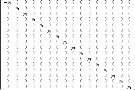 
\label{eq18}\left[ 
\begin{array}{cccccccccccccccc}
-{p_{1}}& 0 & 0 & 0 & 0 & 0 & 0 & 0 & 0 & 0 & 0 & 0 & 0 & 0 & 0 & 0 
\
0 &{p_{1}}& 0 & 0 & 0 & 0 & 0 & 0 & 0 & 0 & 0 & 0 & 0 & 0 & 0 & 0 
\
0 & 0 &{p_{1}}& 0 & 0 & 0 & 0 & 0 & 0 & 0 & 0 & 0 & 0 & 0 & 0 & 0 
\
0 & 0 & 0 &{p_{1}}& 0 & 0 & 0 & 0 & 0 & 0 & 0 & 0 & 0 & 0 & 0 & 0 
\
0 & 0 & 0 & 0 &{p_{1}}& 0 & 0 & 0 & 0 & 0 & 0 & 0 & 0 & 0 & 0 & 0 
\
0 & 0 & 0 & 0 & 0 &{p_{1}}& 0 & 0 & 0 & 0 & 0 & 0 & 0 & 0 & 0 & 0 
\
0 & 0 & 0 & 0 & 0 & 0 &{p_{1}}& 0 & 0 & 0 & 0 & 0 & 0 & 0 & 0 & 0 
\
0 & 0 & 0 & 0 & 0 & 0 & 0 &{p_{1}}& 0 & 0 & 0 & 0 & 0 & 0 & 0 & 0 
\
0 & 0 & 0 & 0 & 0 & 0 & 0 & 0 &{p_{1}}& 0 & 0 & 0 & 0 & 0 & 0 & 0 
\
0 & 0 & 0 & 0 & 0 & 0 & 0 & 0 & 0 &{p_{1}}& 0 & 0 & 0 & 0 & 0 & 0 
\
0 & 0 & 0 & 0 & 0 & 0 & 0 & 0 & 0 & 0 &{p_{1}}& 0 & 0 & 0 & 0 & 0 
\
0 & 0 & 0 & 0 & 0 & 0 & 0 & 0 & 0 & 0 & 0 &{p_{1}}& 0 & 0 & 0 & 0 
\
0 & 0 & 0 & 0 & 0 & 0 & 0 & 0 & 0 & 0 & 0 & 0 &{p_{1}}& 0 & 0 & 0 
\
0 & 0 & 0 & 0 & 0 & 0 & 0 & 0 & 0 & 0 & 0 & 0 & 0 &{p_{1}}& 0 & 0 
\
0 & 0 & 0 & 0 & 0 & 0 & 0 & 0 & 0 & 0 & 0 & 0 & 0 & 0 &{p_{1}}& 0 
\
0 & 0 & 0 & 0 & 0 & 0 & 0 & 0 & 0 & 0 & 0 & 0 & 0 & 0 & 0 &{p_{1}}
