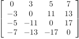 
\label{eq4}\left[ 
\begin{array}{cccc}
0 & 3 & 5 & 7 
\
- 3 & 0 &{11}&{13}
\
- 5 & -{11}& 0 &{17}
\
- 7 & -{13}& -{17}& 0 
