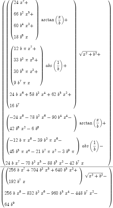 
\label{eq53}{\left(
\begin{array}{@{}l}
\displaystyle
{{\left({
\begin{array}{@{}l}
\displaystyle
{{\left({
\begin{array}{@{}l}
\displaystyle
{{24}\ {{x}^{7}}}+ 
\
\
\displaystyle
{{66}\ {{b}^{2}}\ {{x}^{5}}}+ 
\
\
\displaystyle
{{60}\ {{b}^{4}}\ {{x}^{3}}}+ 
\
\
\displaystyle
{{18}\ {{b}^{6}}\  x}
