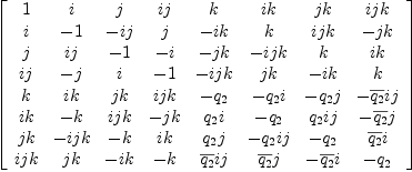 
\label{eq11}\left[ 
\begin{array}{cccccccc}
1 & i & j &{ij}& k &{ik}&{jk}&{{ij}k}
\
i & - 1 & -{ij}& j &{- ik}& k &{{ij}k}& -{jk}
\
j &{ij}& - 1 & - i & -{jk}&{-{ij}k}& k &{ik}
\
{ij}& - j & i & - 1 &{-{ij}k}&{jk}&{- ik}& k 
\
k &{ik}&{jk}&{{ij}k}& -{q_{2}}&{-{q_{2}}i}&{-{q_{2}}j}&{{-{\overline{q_{2}}}i}j}
\
{ik}& - k &{{ij}k}& -{jk}&{{q_{2}}i}& -{q_{2}}&{{{q_{2}}i}j}&{-{\overline{q_{2}}}j}
\
{jk}&{-{ij}k}& - k &{ik}&{{q_{2}}j}&{{-{q_{2}}i}j}& -{q_{2}}&{{\overline{q_{2}}}i}
\
{{ij}k}&{jk}&{- ik}& - k &{{{\overline{q_{2}}}i}j}&{{\overline{q_{2}}}j}&{-{\overline{q_{2}}}i}& -{q_{2}}
