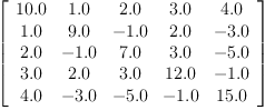 
\label{eq32}\left[ 
\begin{array}{ccccc}
{10.0}&{1.0}&{2.0}&{3.0}&{4.0}
\
{1.0}&{9.0}& -{1.0}&{2.0}& -{3.0}
\
{2.0}& -{1.0}&{7.0}&{3.0}& -{5.0}
\
{3.0}&{2.0}&{3.0}&{12.0}& -{1.0}
\
{4.0}& -{3.0}& -{5.0}& -{1.0}&{15.0}
