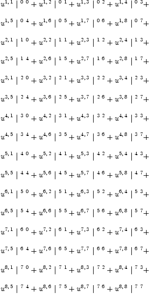 
\label{eq15}\begin{array}{@{}l}
\displaystyle
{{u^{1, \: 1}}\ {|^{\  0 \  0}}}+{{u^{1, \: 2}}\ {|^{\  0 \  1}}}+{{u^{1, \: 3}}\ {|^{\  0 \  2}}}+{{u^{1, \: 4}}\ {|^{\  0 \  3}}}+ 
\
\
\displaystyle
{{u^{1, \: 5}}\ {|^{\  0 \  4}}}+{{u^{1, \: 6}}\ {|^{\  0 \  5}}}+{{u^{1, \: 7}}\ {|^{\  0 \  6}}}+{{u^{1, \: 8}}\ {|^{\  0 \  7}}}+ 
\
\
\displaystyle
{{u^{2, \: 1}}\ {|^{\  1 \  0}}}+{{u^{2, \: 2}}\ {|^{\  1 \  1}}}+{{u^{2, \: 3}}\ {|^{\  1 \  2}}}+{{u^{2, \: 4}}\ {|^{\  1 \  3}}}+ 
\
\
\displaystyle
{{u^{2, \: 5}}\ {|^{\  1 \  4}}}+{{u^{2, \: 6}}\ {|^{\  1 \  5}}}+{{u^{2, \: 7}}\ {|^{\  1 \  6}}}+{{u^{2, \: 8}}\ {|^{\  1 \  7}}}+ 
\
\
\displaystyle
{{u^{3, \: 1}}\ {|^{\  2 \  0}}}+{{u^{3, \: 2}}\ {|^{\  2 \  1}}}+{{u^{3, \: 3}}\ {|^{\  2 \  2}}}+{{u^{3, \: 4}}\ {|^{\  2 \  3}}}+ 
\
\
\displaystyle
{{u^{3, \: 5}}\ {|^{\  2 \  4}}}+{{u^{3, \: 6}}\ {|^{\  2 \  5}}}+{{u^{3, \: 7}}\ {|^{\  2 \  6}}}+{{u^{3, \: 8}}\ {|^{\  2 \  7}}}+ 
\
\
\displaystyle
{{u^{4, \: 1}}\ {|^{\  3 \  0}}}+{{u^{4, \: 2}}\ {|^{\  3 \  1}}}+{{u^{4, \: 3}}\ {|^{\  3 \  2}}}+{{u^{4, \: 4}}\ {|^{\  3 \  3}}}+ 
\
\
\displaystyle
{{u^{4, \: 5}}\ {|^{\  3 \  4}}}+{{u^{4, \: 6}}\ {|^{\  3 \  5}}}+{{u^{4, \: 7}}\ {|^{\  3 \  6}}}+{{u^{4, \: 8}}\ {|^{\  3 \  7}}}+ 
\
\
\displaystyle
{{u^{5, \: 1}}\ {|^{\  4 \  0}}}+{{u^{5, \: 2}}\ {|^{\  4 \  1}}}+{{u^{5, \: 3}}\ {|^{\  4 \  2}}}+{{u^{5, \: 4}}\ {|^{\  4 \  3}}}+ 
\
\
\displaystyle
{{u^{5, \: 5}}\ {|^{\  4 \  4}}}+{{u^{5, \: 6}}\ {|^{\  4 \  5}}}+{{u^{5, \: 7}}\ {|^{\  4 \  6}}}+{{u^{5, \: 8}}\ {|^{\  4 \  7}}}+ 
\
\
\displaystyle
{{u^{6, \: 1}}\ {|^{\  5 \  0}}}+{{u^{6, \: 2}}\ {|^{\  5 \  1}}}+{{u^{6, \: 3}}\ {|^{\  5 \  2}}}+{{u^{6, \: 4}}\ {|^{\  5 \  3}}}+ 
\
\
\displaystyle
{{u^{6, \: 5}}\ {|^{\  5 \  4}}}+{{u^{6, \: 6}}\ {|^{\  5 \  5}}}+{{u^{6, \: 7}}\ {|^{\  5 \  6}}}+{{u^{6, \: 8}}\ {|^{\  5 \  7}}}+ 
\
\
\displaystyle
{{u^{7, \: 1}}\ {|^{\  6 \  0}}}+{{u^{7, \: 2}}\ {|^{\  6 \  1}}}+{{u^{7, \: 3}}\ {|^{\  6 \  2}}}+{{u^{7, \: 4}}\ {|^{\  6 \  3}}}+ 
\
\
\displaystyle
{{u^{7, \: 5}}\ {|^{\  6 \  4}}}+{{u^{7, \: 6}}\ {|^{\  6 \  5}}}+{{u^{7, \: 7}}\ {|^{\  6 \  6}}}+{{u^{7, \: 8}}\ {|^{\  6 \  7}}}+ 
\
\
\displaystyle
{{u^{8, \: 1}}\ {|^{\  7 \  0}}}+{{u^{8, \: 2}}\ {|^{\  7 \  1}}}+{{u^{8, \: 3}}\ {|^{\  7 \  2}}}+{{u^{8, \: 4}}\ {|^{\  7 \  3}}}+ 
\
\
\displaystyle
{{u^{8, \: 5}}\ {|^{\  7 \  4}}}+{{u^{8, \: 6}}\ {|^{\  7 \  5}}}+{{u^{8, \: 7}}\ {|^{\  7 \  6}}}+{{u^{8, \: 8}}\ {|^{\  7 \  7}}}
