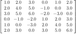 
\label{eq38}\left[ 
\begin{array}{cccccc}
{1.0}&{2.0}&{3.0}&{0.0}&{1.0}&{2.0}
\
{2.0}&{4.0}&{5.0}& -{1.0}&{0.0}&{3.0}
\
{3.0}&{5.0}&{6.0}& -{2.0}& -{3.0}&{0.0}
\
{0.0}& -{1.0}& -{2.0}&{1.0}&{2.0}&{3.0}
\
{1.0}&{0.0}& -{3.0}&{2.0}&{4.0}&{5.0}
\
{2.0}&{3.0}&{0.0}&{3.0}&{5.0}&{6.0}
