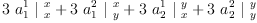 
\label{eq20}{3 \ {a_{1}^{1}}\ {|_{\  x}^{\  x}}}+{3 \ {a_{1}^{2}}\ {|_{\  y}^{\  x}}}+{3 \ {a_{2}^{1}}\ {|_{\  x}^{\  y}}}+{3 \ {a_{2}^{2}}\ {|_{\  y}^{\  y}}}