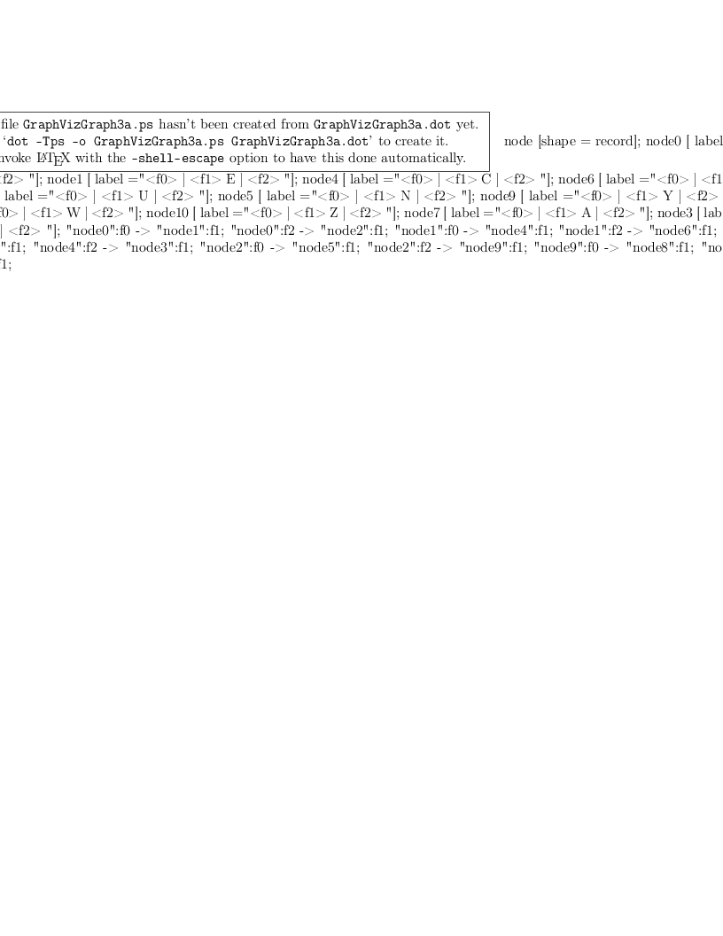 
\digraph{GraphVizGraph3a}
{
        node [shape = record];
        node0 [ label ="<f0> | <f1> J | <f2> "];
        node1 [ label ="<f0> | <f1> E | <f2> "];
        node4 [ label ="<f0> | <f1> C | <f2> "];
        node6 [ label ="<f0> | <f1> I | <f2> "];
        node2 [ label ="<f0> | <f1> U | <f2> "];
        node5 [ label ="<f0> | <f1> N | <f2> "];
        node9 [ label ="<f0> | <f1> Y | <f2> "];
        node8 [ label ="<f0> | <f1> W | <f2> "];
        node10 [ label ="<f0> | <f1> Z | <f2> "];
        node7 [ label ="<f0> | <f1> A | <f2> "];
        node3 [ label ="<f0> | <f1> G | <f2> "];
        "node0":f0 -> "node1":f1;
        "node0":f2 -> "node2":f1;
        "node1":f0 -> "node4":f1;
        "node1":f2 -> "node6":f1;
        "node4":f0 -> "node7":f1;
        "node4":f2 -> "node3":f1;
        "node2":f0 -> "node5":f1;
        "node2":f2 -> "node9":f1;
        "node9":f0 -> "node8":f1;
        "node9":f2 -> "node10":f1;
}
