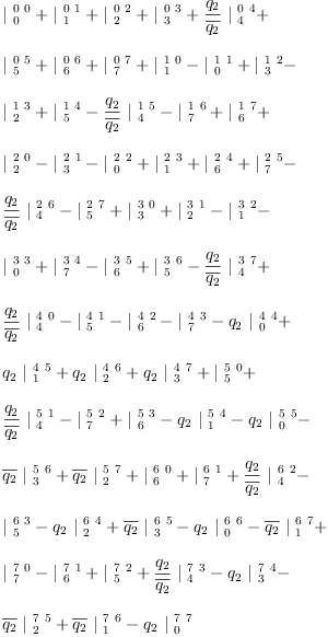 
\label{eq12}\begin{array}{@{}l}
\displaystyle
{|_{\  0}^{\  0 \  0}}+{|_{\  1}^{\  0 \  1}}+{|_{\  2}^{\  0 \  2}}+{|_{\  3}^{\  0 \  3}}+{{\frac{q_{2}}{\overline{q_{2}}}}\ {|_{\  4}^{\  0 \  4}}}+ 
\
\
\displaystyle
{|_{\  5}^{\  0 \  5}}+{|_{\  6}^{\  0 \  6}}+{|_{\  7}^{\  0 \  7}}+{|_{\  1}^{\  1 \  0}}-{|_{\  0}^{\  1 \  1}}+{|_{\  3}^{\  1 \  2}}- 
\
\
\displaystyle
{|_{\  2}^{\  1 \  3}}+{|_{\  5}^{\  1 \  4}}-{{\frac{q_{2}}{\overline{q_{2}}}}\ {|_{\  4}^{\  1 \  5}}}-{|_{\  7}^{\  1 \  6}}+{|_{\  6}^{\  1 \  7}}+ 
\
\
\displaystyle
{|_{\  2}^{\  2 \  0}}-{|_{\  3}^{\  2 \  1}}-{|_{\  0}^{\  2 \  2}}+{|_{\  1}^{\  2 \  3}}+{|_{\  6}^{\  2 \  4}}+{|_{\  7}^{\  2 \  5}}- 
\
\
\displaystyle
{{\frac{q_{2}}{\overline{q_{2}}}}\ {|_{\  4}^{\  2 \  6}}}-{|_{\  5}^{\  2 \  7}}+{|_{\  3}^{\  3 \  0}}+{|_{\  2}^{\  3 \  1}}-{|_{\  1}^{\  3 \  2}}- 
\
\
\displaystyle
{|_{\  0}^{\  3 \  3}}+{|_{\  7}^{\  3 \  4}}-{|_{\  6}^{\  3 \  5}}+{|_{\  5}^{\  3 \  6}}-{{\frac{q_{2}}{\overline{q_{2}}}}\ {|_{\  4}^{\  3 \  7}}}+ 
\
\
\displaystyle
{{\frac{q_{2}}{\overline{q_{2}}}}\ {|_{\  4}^{\  4 \  0}}}-{|_{\  5}^{\  4 \  1}}-{|_{\  6}^{\  4 \  2}}-{|_{\  7}^{\  4 \  3}}-{{q_{2}}\ {|_{\  0}^{\  4 \  4}}}+ 
\
\
\displaystyle
{{q_{2}}\ {|_{\  1}^{\  4 \  5}}}+{{q_{2}}\ {|_{\  2}^{\  4 \  6}}}+{{q_{2}}\ {|_{\  3}^{\  4 \  7}}}+{|_{\  5}^{\  5 \  0}}+ 
\
\
\displaystyle
{{\frac{q_{2}}{\overline{q_{2}}}}\ {|_{\  4}^{\  5 \  1}}}-{|_{\  7}^{\  5 \  2}}+{|_{\  6}^{\  5 \  3}}-{{q_{2}}\ {|_{\  1}^{\  5 \  4}}}-{{q_{2}}\ {|_{\  0}^{\  5 \  5}}}- 
\
\
\displaystyle
{{\overline{q_{2}}}\ {|_{\  3}^{\  5 \  6}}}+{{\overline{q_{2}}}\ {|_{\  2}^{\  5 \  7}}}+{|_{\  6}^{\  6 \  0}}+{|_{\  7}^{\  6 \  1}}+{{\frac{q_{2}}{\overline{q_{2}}}}\ {|_{\  4}^{\  6 \  2}}}- 
\
\
\displaystyle
{|_{\  5}^{\  6 \  3}}-{{q_{2}}\ {|_{\  2}^{\  6 \  4}}}+{{\overline{q_{2}}}\ {|_{\  3}^{\  6 \  5}}}-{{q_{2}}\ {|_{\  0}^{\  6 \  6}}}-{{\overline{q_{2}}}\ {|_{\  1}^{\  6 \  7}}}+ 
\
\
\displaystyle
{|_{\  7}^{\  7 \  0}}-{|_{\  6}^{\  7 \  1}}+{|_{\  5}^{\  7 \  2}}+{{\frac{q_{2}}{\overline{q_{2}}}}\ {|_{\  4}^{\  7 \  3}}}-{{q_{2}}\ {|_{\  3}^{\  7 \  4}}}- 
\
\
\displaystyle
{{\overline{q_{2}}}\ {|_{\  2}^{\  7 \  5}}}+{{\overline{q_{2}}}\ {|_{\  1}^{\  7 \  6}}}-{{q_{2}}\ {|_{\  0}^{\  7 \  7}}}
