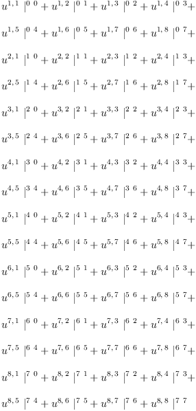 
\label{eq12}\begin{array}{@{}l}
\displaystyle
{{u^{1, \: 1}}\ {|_{\ }^{0 \  0}}}+{{u^{1, \: 2}}\ {|_{\ }^{0 \  1}}}+{{u^{1, \: 3}}\ {|_{\ }^{0 \  2}}}+{{u^{1, \: 4}}\ {|_{\ }^{0 \  3}}}+ 
\
\
\displaystyle
{{u^{1, \: 5}}\ {|_{\ }^{0 \  4}}}+{{u^{1, \: 6}}\ {|_{\ }^{0 \  5}}}+{{u^{1, \: 7}}\ {|_{\ }^{0 \  6}}}+{{u^{1, \: 8}}\ {|_{\ }^{0 \  7}}}+ 
\
\
\displaystyle
{{u^{2, \: 1}}\ {|_{\ }^{1 \  0}}}+{{u^{2, \: 2}}\ {|_{\ }^{1 \  1}}}+{{u^{2, \: 3}}\ {|_{\ }^{1 \  2}}}+{{u^{2, \: 4}}\ {|_{\ }^{1 \  3}}}+ 
\
\
\displaystyle
{{u^{2, \: 5}}\ {|_{\ }^{1 \  4}}}+{{u^{2, \: 6}}\ {|_{\ }^{1 \  5}}}+{{u^{2, \: 7}}\ {|_{\ }^{1 \  6}}}+{{u^{2, \: 8}}\ {|_{\ }^{1 \  7}}}+ 
\
\
\displaystyle
{{u^{3, \: 1}}\ {|_{\ }^{2 \  0}}}+{{u^{3, \: 2}}\ {|_{\ }^{2 \  1}}}+{{u^{3, \: 3}}\ {|_{\ }^{2 \  2}}}+{{u^{3, \: 4}}\ {|_{\ }^{2 \  3}}}+ 
\
\
\displaystyle
{{u^{3, \: 5}}\ {|_{\ }^{2 \  4}}}+{{u^{3, \: 6}}\ {|_{\ }^{2 \  5}}}+{{u^{3, \: 7}}\ {|_{\ }^{2 \  6}}}+{{u^{3, \: 8}}\ {|_{\ }^{2 \  7}}}+ 
\
\
\displaystyle
{{u^{4, \: 1}}\ {|_{\ }^{3 \  0}}}+{{u^{4, \: 2}}\ {|_{\ }^{3 \  1}}}+{{u^{4, \: 3}}\ {|_{\ }^{3 \  2}}}+{{u^{4, \: 4}}\ {|_{\ }^{3 \  3}}}+ 
\
\
\displaystyle
{{u^{4, \: 5}}\ {|_{\ }^{3 \  4}}}+{{u^{4, \: 6}}\ {|_{\ }^{3 \  5}}}+{{u^{4, \: 7}}\ {|_{\ }^{3 \  6}}}+{{u^{4, \: 8}}\ {|_{\ }^{3 \  7}}}+ 
\
\
\displaystyle
{{u^{5, \: 1}}\ {|_{\ }^{4 \  0}}}+{{u^{5, \: 2}}\ {|_{\ }^{4 \  1}}}+{{u^{5, \: 3}}\ {|_{\ }^{4 \  2}}}+{{u^{5, \: 4}}\ {|_{\ }^{4 \  3}}}+ 
\
\
\displaystyle
{{u^{5, \: 5}}\ {|_{\ }^{4 \  4}}}+{{u^{5, \: 6}}\ {|_{\ }^{4 \  5}}}+{{u^{5, \: 7}}\ {|_{\ }^{4 \  6}}}+{{u^{5, \: 8}}\ {|_{\ }^{4 \  7}}}+ 
\
\
\displaystyle
{{u^{6, \: 1}}\ {|_{\ }^{5 \  0}}}+{{u^{6, \: 2}}\ {|_{\ }^{5 \  1}}}+{{u^{6, \: 3}}\ {|_{\ }^{5 \  2}}}+{{u^{6, \: 4}}\ {|_{\ }^{5 \  3}}}+ 
\
\
\displaystyle
{{u^{6, \: 5}}\ {|_{\ }^{5 \  4}}}+{{u^{6, \: 6}}\ {|_{\ }^{5 \  5}}}+{{u^{6, \: 7}}\ {|_{\ }^{5 \  6}}}+{{u^{6, \: 8}}\ {|_{\ }^{5 \  7}}}+ 
\
\
\displaystyle
{{u^{7, \: 1}}\ {|_{\ }^{6 \  0}}}+{{u^{7, \: 2}}\ {|_{\ }^{6 \  1}}}+{{u^{7, \: 3}}\ {|_{\ }^{6 \  2}}}+{{u^{7, \: 4}}\ {|_{\ }^{6 \  3}}}+ 
\
\
\displaystyle
{{u^{7, \: 5}}\ {|_{\ }^{6 \  4}}}+{{u^{7, \: 6}}\ {|_{\ }^{6 \  5}}}+{{u^{7, \: 7}}\ {|_{\ }^{6 \  6}}}+{{u^{7, \: 8}}\ {|_{\ }^{6 \  7}}}+ 
\
\
\displaystyle
{{u^{8, \: 1}}\ {|_{\ }^{7 \  0}}}+{{u^{8, \: 2}}\ {|_{\ }^{7 \  1}}}+{{u^{8, \: 3}}\ {|_{\ }^{7 \  2}}}+{{u^{8, \: 4}}\ {|_{\ }^{7 \  3}}}+ 
\
\
\displaystyle
{{u^{8, \: 5}}\ {|_{\ }^{7 \  4}}}+{{u^{8, \: 6}}\ {|_{\ }^{7 \  5}}}+{{u^{8, \: 7}}\ {|_{\ }^{7 \  6}}}+{{u^{8, \: 8}}\ {|_{\ }^{7 \  7}}}
