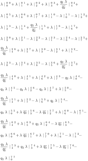 
\label{eq37}\begin{array}{@{}l}
\displaystyle
{�� \ {|_{\  0}^{\  0 \  0}}}+{�� \ {|_{\  1}^{\  0 \  1}}}+{�� \ {|_{\  2}^{\  0 \  2}}}+{�� \ {|_{\  3}^{\  0 \  3}}}+{{\frac{{q_{2}}\  ��}{\overline{q_{2}}}}\ {|_{\  4}^{\  0 \  4}}}+ 
\
\
\displaystyle
{�� \ {|_{\  5}^{\  0 \  5}}}+{�� \ {|_{\  6}^{\  0 \  6}}}+{�� \ {|_{\  7}^{\  0 \  7}}}+{�� \ {|_{\  1}^{\  1 \  0}}}-{�� \ {|_{\  0}^{\  1 \  1}}}-{�� \ {|_{\  3}^{\  1 \  2}}}+ 
\
\
\displaystyle
{�� \ {|_{\  2}^{\  1 \  3}}}-{�� \ {|_{\  5}^{\  1 \  4}}}+{{\frac{{q_{2}}\  ��}{\overline{q_{2}}}}\ {|_{\  4}^{\  1 \  5}}}+{�� \ {|_{\  7}^{\  1 \  6}}}-{�� \ {|_{\  6}^{\  1 \  7}}}+ 
\
\
\displaystyle
{�� \ {|_{\  2}^{\  2 \  0}}}+{�� \ {|_{\  3}^{\  2 \  1}}}-{�� \ {|_{\  0}^{\  2 \  2}}}-{�� \ {|_{\  1}^{\  2 \  3}}}-{�� \ {|_{\  6}^{\  2 \  4}}}-{�� \ {|_{\  7}^{\  2 \  5}}}+ 
\
\
\displaystyle
{{\frac{{q_{2}}\  ��}{\overline{q_{2}}}}\ {|_{\  4}^{\  2 \  6}}}+{�� \ {|_{\  5}^{\  2 \  7}}}+{�� \ {|_{\  3}^{\  3 \  0}}}-{�� \ {|_{\  2}^{\  3 \  1}}}+{�� \ {|_{\  1}^{\  3 \  2}}}- 
\
\
\displaystyle
{�� \ {|_{\  0}^{\  3 \  3}}}-{�� \ {|_{\  7}^{\  3 \  4}}}+{�� \ {|_{\  6}^{\  3 \  5}}}-{�� \ {|_{\  5}^{\  3 \  6}}}+{{\frac{{q_{2}}\  ��}{\overline{q_{2}}}}\ {|_{\  4}^{\  3 \  7}}}+ 
\
\
\displaystyle
{{\frac{{q_{2}}\  ��}{\overline{q_{2}}}}\ {|_{\  4}^{\  4 \  0}}}+{�� \ {|_{\  5}^{\  4 \  1}}}+{�� \ {|_{\  6}^{\  4 \  2}}}+{�� \ {|_{\  7}^{\  4 \  3}}}-{{q_{2}}\  �� \ {|_{\  0}^{\  4 \  4}}}- 
\
\
\displaystyle
{{q_{2}}\  �� \ {|_{\  1}^{\  4 \  5}}}-{{q_{2}}\  �� \ {|_{\  2}^{\  4 \  6}}}-{{q_{2}}\  �� \ {|_{\  3}^{\  4 \  7}}}+{�� \ {|_{\  5}^{\  5 \  0}}}- 
\
\
\displaystyle
{{\frac{{q_{2}}\  ��}{\overline{q_{2}}}}\ {|_{\  4}^{\  5 \  1}}}+{�� \ {|_{\  7}^{\  5 \  2}}}-{�� \ {|_{\  6}^{\  5 \  3}}}+{{q_{2}}\  �� \ {|_{\  1}^{\  5 \  4}}}- 
\
\
\displaystyle
{{q_{2}}\  �� \ {|_{\  0}^{\  5 \  5}}}+{�� \ {\overline{q_{2}}}\ {|_{\  3}^{\  5 \  6}}}-{�� \ {\overline{q_{2}}}\ {|_{\  2}^{\  5 \  7}}}+{�� \ {|_{\  6}^{\  6 \  0}}}-{�� \ {|_{\  7}^{\  6 \  1}}}- 
\
\
\displaystyle
{{\frac{{q_{2}}\  ��}{\overline{q_{2}}}}\ {|_{\  4}^{\  6 \  2}}}+{�� \ {|_{\  5}^{\  6 \  3}}}+{{q_{2}}\  �� \ {|_{\  2}^{\  6 \  4}}}-{�� \ {\overline{q_{2}}}\ {|_{\  3}^{\  6 \  5}}}- 
\
\
\displaystyle
{{q_{2}}\  �� \ {|_{\  0}^{\  6 \  6}}}+{�� \ {\overline{q_{2}}}\ {|_{\  1}^{\  6 \  7}}}+{�� \ {|_{\  7}^{\  7 \  0}}}+{�� \ {|_{\  6}^{\  7 \  1}}}-{�� \ {|_{\  5}^{\  7 \  2}}}- 
\
\
\displaystyle
{{\frac{{q_{2}}\  ��}{\overline{q_{2}}}}\ {|_{\  4}^{\  7 \  3}}}+{{q_{2}}\  �� \ {|_{\  3}^{\  7 \  4}}}+{�� \ {\overline{q_{2}}}\ {|_{\  2}^{\  7 \  5}}}-{�� \ {\overline{q_{2}}}\ {|_{\  1}^{\  7 \  6}}}- 
\
\
\displaystyle
{{q_{2}}\  �� \ {|_{\  0}^{\  7 \  7}}}
