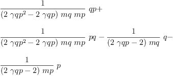 
\label{eq101}\begin{array}{@{}l}
\displaystyle
{{\frac{1}{{\left({2 \ {{�� qp}^{2}}}-{2 \  �� qp}\right)}\  mq \  mp}}\  qp}+ 
\
\
\displaystyle
{{\frac{1}{{\left({2 \ {{�� qp}^{2}}}-{2 \  �� qp}\right)}\  mq \  mp}}\  pq}-{{\frac{1}{{\left({2 \  �� qp}- 2 \right)}\  mq}}\  q}- 
\
\
\displaystyle
{{\frac{1}{{\left({2 \  �� qp}- 2 \right)}\  mp}}\  p}
