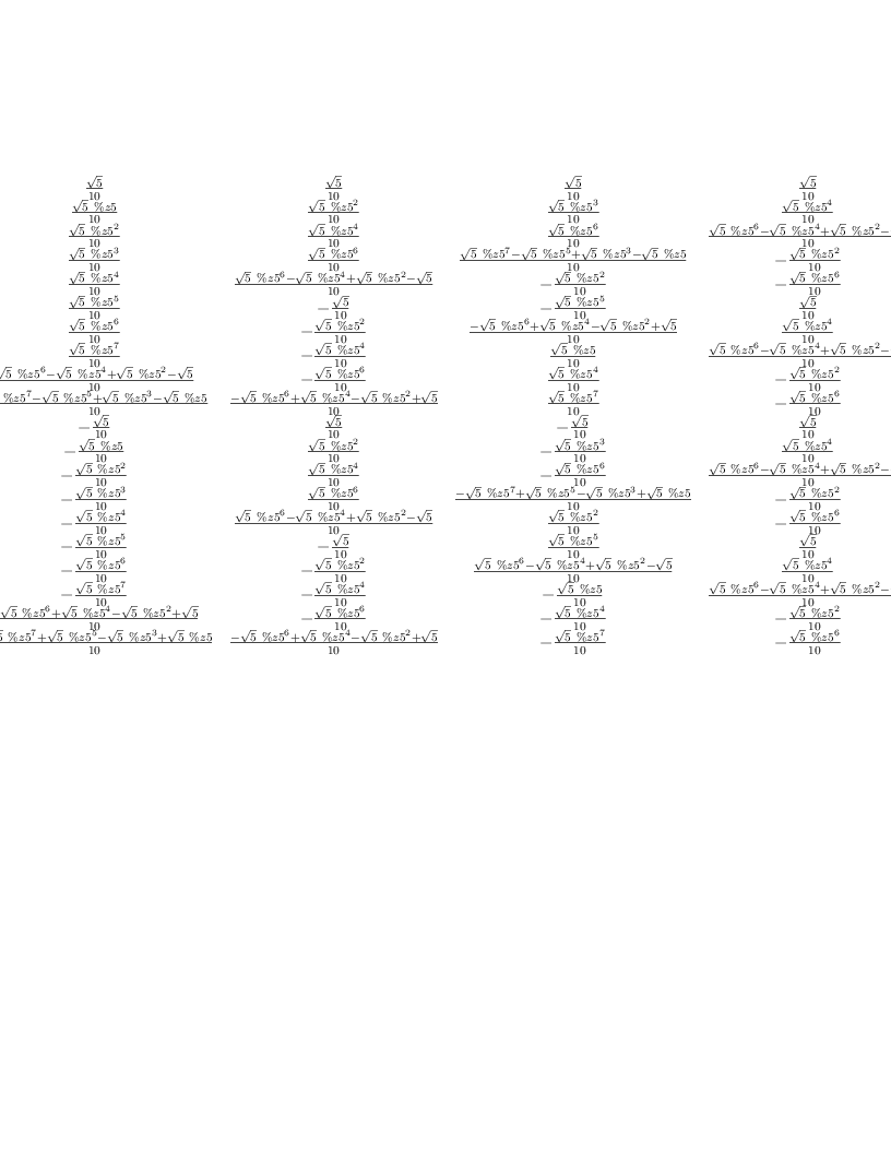 
\label{eq23}\left[ 
\begin{array}{cccccccccccccccccccc}
{\frac{\sqrt{5}}{10}}&{\frac{\sqrt{5}}{10}}&{\frac{\sqrt{5}}{1
0}}&{\frac{\sqrt{5}}{10}}&{\frac{\sqrt{5}}{10}}&{\frac{\sqrt{5}}{1
0}}&{\frac{\sqrt{5}}{10}}&{\frac{\sqrt{5}}{10}}&{\frac{\sqrt{5}}{1
0}}&{\frac{\sqrt{5}}{10}}&{\frac{\sqrt{5}}{10}}&{\frac{\sqrt{5}}{1
0}}&{\frac{\sqrt{5}}{10}}&{\frac{\sqrt{5}}{10}}&{\frac{\sqrt{5}}{1
0}}&{\frac{\sqrt{5}}{10}}&{\frac{\sqrt{5}}{10}}&{\frac{\sqrt{5}}{1
0}}&{\frac{\sqrt{5}}{10}}&{\frac{\sqrt{5}}{10}}
\
{\frac{\sqrt{5}}{10}}&{\frac{{\sqrt{5}}\  \%z 5}{10}}&{\frac{{\sqrt{5}}\ {{\%z 5}^{2}}}{10}}&{\frac{{\sqrt{5}}\ {{\%z 5}^{3}}}{10}}&{\frac{{\sqrt{5}}\ {{\%z 5}^{4}}}{10}}&{\frac{{\sqrt{5}}\ {{\%z 5}^{5}}}{10}}&{\frac{{\sqrt{5}}\ {{\%z 5}^{6}}}{10}}&{\frac{{\sqrt{5}}\ {{\%z 5}^{7}}}{10}}&{\frac{{{\sqrt{5}}\ {{\%z 5}^{6}}}-{{\sqrt{5}}\ {{\%z 5}^{4}}}+{{\sqrt{5}}\ {{\%z 5}^{2}}}-{\sqrt{5}}}{10}}&{\frac{{{\sqrt{5}}\ {{\%z 5}^{7}}}-{{\sqrt{5}}\ {{\%z 5}^{5}}}+{{\sqrt{5}}\ {{\%z 5}^{3}}}-{{\sqrt{5}}\  \%z 5}}{10}}& -{\frac{\sqrt{5}}{10}}& -{\frac{{\sqrt{5}}\  \%z 5}{10}}& -{\frac{{\sqrt{5}}\ {{\%z 5}^{2}}}{10}}& -{\frac{{\sqrt{5}}\ {{\%z 5}^{3}}}{10}}& -{\frac{{\sqrt{5}}\ {{\%z 5}^{4}}}{10}}& -{\frac{{\sqrt{5}}\ {{\%z 5}^{5}}}{10}}& -{\frac{{\sqrt{5}}\ {{\%z 5}^{6}}}{10}}& -{\frac{{\sqrt{5}}\ {{\%z 5}^{7}}}{10}}&{\frac{-{{\sqrt{5}}\ {{\%z 5}^{6}}}+{{\sqrt{5}}\ {{\%z 5}^{4}}}-{{\sqrt{5}}\ {{\%z 5}^{2}}}+{\sqrt{5}}}{10}}&{\frac{-{{\sqrt{5}}\ {{\%z 5}^{7}}}+{{\sqrt{5}}\ {{\%z 5}^{5}}}-{{\sqrt{5}}\ {{\%z 5}^{3}}}+{{\sqrt{5}}\  \%z 5}}{10}}
\
{\frac{\sqrt{5}}{10}}&{\frac{{\sqrt{5}}\ {{\%z 5}^{2}}}{10}}&{\frac{{\sqrt{5}}\ {{\%z 5}^{4}}}{10}}&{\frac{{\sqrt{5}}\ {{\%z 5}^{6}}}{10}}&{\frac{{{\sqrt{5}}\ {{\%z 5}^{6}}}-{{\sqrt{5}}\ {{\%z 5}^{4}}}+{{\sqrt{5}}\ {{\%z 5}^{2}}}-{\sqrt{5}}}{10}}& -{\frac{\sqrt{5}}{10}}& -{\frac{{\sqrt{5}}\ {{\%z 5}^{2}}}{10}}& -{\frac{{\sqrt{5}}\ {{\%z 5}^{4}}}{10}}& -{\frac{{\sqrt{5}}\ {{\%z 5}^{6}}}{10}}&{\frac{-{{\sqrt{5}}\ {{\%z 5}^{6}}}+{{\sqrt{5}}\ {{\%z 5}^{4}}}-{{\sqrt{5}}\ {{\%z 5}^{2}}}+{\sqrt{5}}}{10}}&{\frac{\sqrt{5}}{1
0}}&{\frac{{\sqrt{5}}\ {{\%z 5}^{2}}}{10}}&{\frac{{\sqrt{5}}\ {{\%z 5}^{4}}}{10}}&{\frac{{\sqrt{5}}\ {{\%z 5}^{6}}}{10}}&{\frac{{{\sqrt{5}}\ {{\%z 5}^{6}}}-{{\sqrt{5}}\ {{\%z 5}^{4}}}+{{\sqrt{5}}\ {{\%z 5}^{2}}}-{\sqrt{5}}}{10}}& -{\frac{\sqrt{5}}{10}}& -{\frac{{\sqrt{5}}\ {{\%z 5}^{2}}}{10}}& -{\frac{{\sqrt{5}}\ {{\%z 5}^{4}}}{10}}& -{\frac{{\sqrt{5}}\ {{\%z 5}^{6}}}{10}}&{\frac{-{{\sqrt{5}}\ {{\%z 5}^{6}}}+{{\sqrt{5}}\ {{\%z 5}^{4}}}-{{\sqrt{5}}\ {{\%z 5}^{2}}}+{\sqrt{5}}}{10}}
\
{\frac{\sqrt{5}}{10}}&{\frac{{\sqrt{5}}\ {{\%z 5}^{3}}}{10}}&{\frac{{\sqrt{5}}\ {{\%z 5}^{6}}}{10}}&{\frac{{{\sqrt{5}}\ {{\%z 5}^{7}}}-{{\sqrt{5}}\ {{\%z 5}^{5}}}+{{\sqrt{5}}\ {{\%z 5}^{3}}}-{{\sqrt{5}}\  \%z 5}}{10}}& -{\frac{{\sqrt{5}}\ {{\%z 5}^{2}}}{10}}& -{\frac{{\sqrt{5}}\ {{\%z 5}^{5}}}{10}}&{\frac{-{{\sqrt{5}}\ {{\%z 5}^{6}}}+{{\sqrt{5}}\ {{\%z 5}^{4}}}-{{\sqrt{5}}\ {{\%z 5}^{2}}}+{\sqrt{5}}}{10}}&{\frac{{\sqrt{5}}\  \%z 5}{10}}&{\frac{{\sqrt{5}}\ {{\%z 5}^{4}}}{10}}&{\frac{{\sqrt{5}}\ {{\%z 5}^{7}}}{10}}& -{\frac{\sqrt{5}}{10}}& -{\frac{{\sqrt{5}}\ {{\%z 5}^{3}}}{10}}& -{\frac{{\sqrt{5}}\ {{\%z 5}^{6}}}{10}}&{\frac{-{{\sqrt{5}}\ {{\%z 5}^{7}}}+{{\sqrt{5}}\ {{\%z 5}^{5}}}-{{\sqrt{5}}\ {{\%z 5}^{3}}}+{{\sqrt{5}}\  \%z 5}}{10}}&{\frac{{\sqrt{5}}\ {{\%z 5}^{2}}}{10}}&{\frac{{\sqrt{5}}\ {{\%z 5}^{5}}}{10}}&{\frac{{{\sqrt{5}}\ {{\%z 5}^{6}}}-{{\sqrt{5}}\ {{\%z 5}^{4}}}+{{\sqrt{5}}\ {{\%z 5}^{2}}}-{\sqrt{5}}}{10}}& -{\frac{{\sqrt{5}}\  \%z 5}{10}}& -{\frac{{\sqrt{5}}\ {{\%z 5}^{4}}}{10}}& -{\frac{{\sqrt{5}}\ {{\%z 5}^{7}}}{10}}
\
{\frac{\sqrt{5}}{10}}&{\frac{{\sqrt{5}}\ {{\%z 5}^{4}}}{10}}&{\frac{{{\sqrt{5}}\ {{\%z 5}^{6}}}-{{\sqrt{5}}\ {{\%z 5}^{4}}}+{{\sqrt{5}}\ {{\%z 5}^{2}}}-{\sqrt{5}}}{10}}& -{\frac{{\sqrt{5}}\ {{\%z 5}^{2}}}{10}}& -{\frac{{\sqrt{5}}\ {{\%z 5}^{6}}}{10}}&{\frac{\sqrt{5}}{10}}&{\frac{{\sqrt{5}}\ {{\%z 5}^{4}}}{10}}&{\frac{{{\sqrt{5}}\ {{\%z 5}^{6}}}-{{\sqrt{5}}\ {{\%z 5}^{4}}}+{{\sqrt{5}}\ {{\%z 5}^{2}}}-{\sqrt{5}}}{10}}& -{\frac{{\sqrt{5}}\ {{\%z 5}^{2}}}{10}}& -{\frac{{\sqrt{5}}\ {{\%z 5}^{6}}}{10}}&{\frac{\sqrt{5}}{1
0}}&{\frac{{\sqrt{5}}\ {{\%z 5}^{4}}}{10}}&{\frac{{{\sqrt{5}}\ {{\%z 5}^{6}}}-{{\sqrt{5}}\ {{\%z 5}^{4}}}+{{\sqrt{5}}\ {{\%z 5}^{2}}}-{\sqrt{5}}}{10}}& -{\frac{{\sqrt{5}}\ {{\%z 5}^{2}}}{10}}& -{\frac{{\sqrt{5}}\ {{\%z 5}^{6}}}{10}}&{\frac{\sqrt{5}}{10}}&{\frac{{\sqrt{5}}\ {{\%z 5}^{4}}}{10}}&{\frac{{{\sqrt{5}}\ {{\%z 5}^{6}}}-{{\sqrt{5}}\ {{\%z 5}^{4}}}+{{\sqrt{5}}\ {{\%z 5}^{2}}}-{\sqrt{5}}}{10}}& -{\frac{{\sqrt{5}}\ {{\%z 5}^{2}}}{10}}& -{\frac{{\sqrt{5}}\ {{\%z 5}^{6}}}{10}}
\
{\frac{\sqrt{5}}{10}}&{\frac{{\sqrt{5}}\ {{\%z 5}^{5}}}{10}}& -{\frac{\sqrt{5}}{10}}& -{\frac{{\sqrt{5}}\ {{\%z 5}^{5}}}{10}}&{\frac{\sqrt{5}}{1
0}}&{\frac{{\sqrt{5}}\ {{\%z 5}^{5}}}{10}}& -{\frac{\sqrt{5}}{1
0}}& -{\frac{{\sqrt{5}}\ {{\%z 5}^{5}}}{10}}&{\frac{\sqrt{5}}{1
0}}&{\frac{{\sqrt{5}}\ {{\%z 5}^{5}}}{10}}& -{\frac{\sqrt{5}}{1
0}}& -{\frac{{\sqrt{5}}\ {{\%z 5}^{5}}}{10}}&{\frac{\sqrt{5}}{1
0}}&{\frac{{\sqrt{5}}\ {{\%z 5}^{5}}}{10}}& -{\frac{\sqrt{5}}{1
0}}& -{\frac{{\sqrt{5}}\ {{\%z 5}^{5}}}{10}}&{\frac{\sqrt{5}}{1
0}}&{\frac{{\sqrt{5}}\ {{\%z 5}^{5}}}{10}}& -{\frac{\sqrt{5}}{1
0}}& -{\frac{{\sqrt{5}}\ {{\%z 5}^{5}}}{10}}
\
{\frac{\sqrt{5}}{10}}&{\frac{{\sqrt{5}}\ {{\%z 5}^{6}}}{10}}& -{\frac{{\sqrt{5}}\ {{\%z 5}^{2}}}{10}}&{\frac{-{{\sqrt{5}}\ {{\%z 5}^{6}}}+{{\sqrt{5}}\ {{\%z 5}^{4}}}-{{\sqrt{5}}\ {{\%z 5}^{2}}}+{\sqrt{5}}}{10}}&{\frac{{\sqrt{5}}\ {{\%z 5}^{4}}}{10}}& -{\frac{\sqrt{5}}{1
0}}& -{\frac{{\sqrt{5}}\ {{\%z 5}^{6}}}{10}}&{\frac{{\sqrt{5}}\ {{\%z 5}^{2}}}{10}}&{\frac{{{\sqrt{5}}\ {{\%z 5}^{6}}}-{{\sqrt{5}}\ {{\%z 5}^{4}}}+{{\sqrt{5}}\ {{\%z 5}^{2}}}-{\sqrt{5}}}{10}}& -{\frac{{\sqrt{5}}\ {{\%z 5}^{4}}}{10}}&{\frac{\sqrt{5}}{10}}&{\frac{{\sqrt{5}}\ {{\%z 5}^{6}}}{10}}& -{\frac{{\sqrt{5}}\ {{\%z 5}^{2}}}{10}}&{\frac{-{{\sqrt{5}}\ {{\%z 5}^{6}}}+{{\sqrt{5}}\ {{\%z 5}^{4}}}-{{\sqrt{5}}\ {{\%z 5}^{2}}}+{\sqrt{5}}}{10}}&{\frac{{\sqrt{5}}\ {{\%z 5}^{4}}}{1
0}}& -{\frac{\sqrt{5}}{10}}& -{\frac{{\sqrt{5}}\ {{\%z 5}^{6}}}{1
0}}&{\frac{{\sqrt{5}}\ {{\%z 5}^{2}}}{10}}&{\frac{{{\sqrt{5}}\ {{\%z 5}^{6}}}-{{\sqrt{5}}\ {{\%z 5}^{4}}}+{{\sqrt{5}}\ {{\%z 5}^{2}}}-{\sqrt{5}}}{10}}& -{\frac{{\sqrt{5}}\ {{\%z 5}^{4}}}{10}}
\
{\frac{\sqrt{5}}{10}}&{\frac{{\sqrt{5}}\ {{\%z 5}^{7}}}{10}}& -{\frac{{\sqrt{5}}\ {{\%z 5}^{4}}}{10}}&{\frac{{\sqrt{5}}\  \%z 5}{10}}&{\frac{{{\sqrt{5}}\ {{\%z 5}^{6}}}-{{\sqrt{5}}\ {{\%z 5}^{4}}}+{{\sqrt{5}}\ {{\%z 5}^{2}}}-{\sqrt{5}}}{10}}& -{\frac{{\sqrt{5}}\ {{\%z 5}^{5}}}{10}}&{\frac{{\sqrt{5}}\ {{\%z 5}^{2}}}{10}}&{\frac{{{\sqrt{5}}\ {{\%z 5}^{7}}}-{{\sqrt{5}}\ {{\%z 5}^{5}}}+{{\sqrt{5}}\ {{\%z 5}^{3}}}-{{\sqrt{5}}\  \%z 5}}{10}}& -{\frac{{\sqrt{5}}\ {{\%z 5}^{6}}}{1
0}}&{\frac{{\sqrt{5}}\ {{\%z 5}^{3}}}{10}}& -{\frac{\sqrt{5}}{1
0}}& -{\frac{{\sqrt{5}}\ {{\%z 5}^{7}}}{10}}&{\frac{{\sqrt{5}}\ {{\%z 5}^{4}}}{10}}& -{\frac{{\sqrt{5}}\  \%z 5}{10}}&{\frac{-{{\sqrt{5}}\ {{\%z 5}^{6}}}+{{\sqrt{5}}\ {{\%z 5}^{4}}}-{{\sqrt{5}}\ {{\%z 5}^{2}}}+{\sqrt{5}}}{10}}&{\frac{{\sqrt{5}}\ {{\%z 5}^{5}}}{10}}& -{\frac{{\sqrt{5}}\ {{\%z 5}^{2}}}{10}}&{\frac{-{{\sqrt{5}}\ {{\%z 5}^{7}}}+{{\sqrt{5}}\ {{\%z 5}^{5}}}-{{\sqrt{5}}\ {{\%z 5}^{3}}}+{{\sqrt{5}}\  \%z 5}}{10}}&{\frac{{\sqrt{5}}\ {{\%z 5}^{6}}}{10}}& -{\frac{{\sqrt{5}}\ {{\%z 5}^{3}}}{10}}
\
{\frac{\sqrt{5}}{10}}&{\frac{{{\sqrt{5}}\ {{\%z 5}^{6}}}-{{\sqrt{5}}\ {{\%z 5}^{4}}}+{{\sqrt{5}}\ {{\%z 5}^{2}}}-{\sqrt{5}}}{10}}& -{\frac{{\sqrt{5}}\ {{\%z 5}^{6}}}{10}}&{\frac{{\sqrt{5}}\ {{\%z 5}^{4}}}{10}}& -{\frac{{\sqrt{5}}\ {{\%z 5}^{2}}}{10}}&{\frac{\sqrt{5}}{10}}&{\frac{{{\sqrt{5}}\ {{\%z 5}^{6}}}-{{\sqrt{5}}\ {{\%z 5}^{4}}}+{{\sqrt{5}}\ {{\%z 5}^{2}}}-{\sqrt{5}}}{10}}& -{\frac{{\sqrt{5}}\ {{\%z 5}^{6}}}{10}}&{\frac{{\sqrt{5}}\ {{\%z 5}^{4}}}{10}}& -{\frac{{\sqrt{5}}\ {{\%z 5}^{2}}}{10}}&{\frac{\sqrt{5}}{1
0}}&{\frac{{{\sqrt{5}}\ {{\%z 5}^{6}}}-{{\sqrt{5}}\ {{\%z 5}^{4}}}+{{\sqrt{5}}\ {{\%z 5}^{2}}}-{\sqrt{5}}}{10}}& -{\frac{{\sqrt{5}}\ {{\%z 5}^{6}}}{10}}&{\frac{{\sqrt{5}}\ {{\%z 5}^{4}}}{10}}& -{\frac{{\sqrt{5}}\ {{\%z 5}^{2}}}{10}}&{\frac{\sqrt{5}}{10}}&{\frac{{{\sqrt{5}}\ {{\%z 5}^{6}}}-{{\sqrt{5}}\ {{\%z 5}^{4}}}+{{\sqrt{5}}\ {{\%z 5}^{2}}}-{\sqrt{5}}}{10}}& -{\frac{{\sqrt{5}}\ {{\%z 5}^{6}}}{10}}&{\frac{{\sqrt{5}}\ {{\%z 5}^{4}}}{10}}& -{\frac{{\sqrt{5}}\ {{\%z 5}^{2}}}{10}}
\
{\frac{\sqrt{5}}{10}}&{\frac{{{\sqrt{5}}\ {{\%z 5}^{7}}}-{{\sqrt{5}}\ {{\%z 5}^{5}}}+{{\sqrt{5}}\ {{\%z 5}^{3}}}-{{\sqrt{5}}\  \%z 5}}{10}}&{\frac{-{{\sqrt{5}}\ {{\%z 5}^{6}}}+{{\sqrt{5}}\ {{\%z 5}^{4}}}-{{\sqrt{5}}\ {{\%z 5}^{2}}}+{\sqrt{5}}}{10}}&{\frac{{\sqrt{5}}\ {{\%z 5}^{7}}}{1
0}}& -{\frac{{\sqrt{5}}\ {{\%z 5}^{6}}}{10}}&{\frac{{\sqrt{5}}\ {{\%z 5}^{5}}}{10}}& -{\frac{{\sqrt{5}}\ {{\%z 5}^{4}}}{10}}&{\frac{{\sqrt{5}}\ {{\%z 5}^{3}}}{10}}& -{\frac{{\sqrt{5}}\ {{\%z 5}^{2}}}{10}}&{\frac{{\sqrt{5}}\  \%z 5}{10}}& -{\frac{\sqrt{5}}{10}}&{\frac{-{{\sqrt{5}}\ {{\%z 5}^{7}}}+{{\sqrt{5}}\ {{\%z 5}^{5}}}-{{\sqrt{5}}\ {{\%z 5}^{3}}}+{{\sqrt{5}}\  \%z 5}}{10}}&{\frac{{{\sqrt{5}}\ {{\%z 5}^{6}}}-{{\sqrt{5}}\ {{\%z 5}^{4}}}+{{\sqrt{5}}\ {{\%z 5}^{2}}}-{\sqrt{5}}}{1
0}}& -{\frac{{\sqrt{5}}\ {{\%z 5}^{7}}}{10}}&{\frac{{\sqrt{5}}\ {{\%z 5}^{6}}}{10}}& -{\frac{{\sqrt{5}}\ {{\%z 5}^{5}}}{10}}&{\frac{{\sqrt{5}}\ {{\%z 5}^{4}}}{10}}& -{\frac{{\sqrt{5}}\ {{\%z 5}^{3}}}{10}}&{\frac{{\sqrt{5}}\ {{\%z 5}^{2}}}{10}}& -{\frac{{\sqrt{5}}\  \%z 5}{10}}
\
{\frac{\sqrt{5}}{10}}& -{\frac{\sqrt{5}}{10}}&{\frac{\sqrt{5}}{1
0}}& -{\frac{\sqrt{5}}{10}}&{\frac{\sqrt{5}}{10}}& -{\frac{\sqrt{5}}{1
0}}&{\frac{\sqrt{5}}{10}}& -{\frac{\sqrt{5}}{10}}&{\frac{\sqrt{5}}{1
0}}& -{\frac{\sqrt{5}}{10}}&{\frac{\sqrt{5}}{10}}& -{\frac{\sqrt{5}}{1
0}}&{\frac{\sqrt{5}}{10}}& -{\frac{\sqrt{5}}{10}}&{\frac{\sqrt{5}}{1
0}}& -{\frac{\sqrt{5}}{10}}&{\frac{\sqrt{5}}{10}}& -{\frac{\sqrt{5}}{1
0}}&{\frac{\sqrt{5}}{10}}& -{\frac{\sqrt{5}}{10}}
\
{\frac{\sqrt{5}}{10}}& -{\frac{{\sqrt{5}}\  \%z 5}{10}}&{\frac{{\sqrt{5}}\ {{\%z 5}^{2}}}{10}}& -{\frac{{\sqrt{5}}\ {{\%z 5}^{3}}}{10}}&{\frac{{\sqrt{5}}\ {{\%z 5}^{4}}}{10}}& -{\frac{{\sqrt{5}}\ {{\%z 5}^{5}}}{10}}&{\frac{{\sqrt{5}}\ {{\%z 5}^{6}}}{10}}& -{\frac{{\sqrt{5}}\ {{\%z 5}^{7}}}{10}}&{\frac{{{\sqrt{5}}\ {{\%z 5}^{6}}}-{{\sqrt{5}}\ {{\%z 5}^{4}}}+{{\sqrt{5}}\ {{\%z 5}^{2}}}-{\sqrt{5}}}{10}}&{\frac{-{{\sqrt{5}}\ {{\%z 5}^{7}}}+{{\sqrt{5}}\ {{\%z 5}^{5}}}-{{\sqrt{5}}\ {{\%z 5}^{3}}}+{{\sqrt{5}}\  \%z 5}}{10}}& -{\frac{\sqrt{5}}{10}}&{\frac{{\sqrt{5}}\  \%z 5}{10}}& -{\frac{{\sqrt{5}}\ {{\%z 5}^{2}}}{10}}&{\frac{{\sqrt{5}}\ {{\%z 5}^{3}}}{10}}& -{\frac{{\sqrt{5}}\ {{\%z 5}^{4}}}{10}}&{\frac{{\sqrt{5}}\ {{\%z 5}^{5}}}{10}}& -{\frac{{\sqrt{5}}\ {{\%z 5}^{6}}}{10}}&{\frac{{\sqrt{5}}\ {{\%z 5}^{7}}}{10}}&{\frac{-{{\sqrt{5}}\ {{\%z 5}^{6}}}+{{\sqrt{5}}\ {{\%z 5}^{4}}}-{{\sqrt{5}}\ {{\%z 5}^{2}}}+{\sqrt{5}}}{10}}&{\frac{{{\sqrt{5}}\ {{\%z 5}^{7}}}-{{\sqrt{5}}\ {{\%z 5}^{5}}}+{{\sqrt{5}}\ {{\%z 5}^{3}}}-{{\sqrt{5}}\  \%z 5}}{10}}
\
{\frac{\sqrt{5}}{10}}& -{\frac{{\sqrt{5}}\ {{\%z 5}^{2}}}{10}}&{\frac{{\sqrt{5}}\ {{\%z 5}^{4}}}{10}}& -{\frac{{\sqrt{5}}\ {{\%z 5}^{6}}}{10}}&{\frac{{{\sqrt{5}}\ {{\%z 5}^{6}}}-{{\sqrt{5}}\ {{\%z 5}^{4}}}+{{\sqrt{5}}\ {{\%z 5}^{2}}}-{\sqrt{5}}}{10}}&{\frac{\sqrt{5}}{10}}& -{\frac{{\sqrt{5}}\ {{\%z 5}^{2}}}{10}}&{\frac{{\sqrt{5}}\ {{\%z 5}^{4}}}{10}}& -{\frac{{\sqrt{5}}\ {{\%z 5}^{6}}}{10}}&{\frac{{{\sqrt{5}}\ {{\%z 5}^{6}}}-{{\sqrt{5}}\ {{\%z 5}^{4}}}+{{\sqrt{5}}\ {{\%z 5}^{2}}}-{\sqrt{5}}}{10}}&{\frac{\sqrt{5}}{1
0}}& -{\frac{{\sqrt{5}}\ {{\%z 5}^{2}}}{10}}&{\frac{{\sqrt{5}}\ {{\%z 5}^{4}}}{10}}& -{\frac{{\sqrt{5}}\ {{\%z 5}^{6}}}{10}}&{\frac{{{\sqrt{5}}\ {{\%z 5}^{6}}}-{{\sqrt{5}}\ {{\%z 5}^{4}}}+{{\sqrt{5}}\ {{\%z 5}^{2}}}-{\sqrt{5}}}{10}}&{\frac{\sqrt{5}}{10}}& -{\frac{{\sqrt{5}}\ {{\%z 5}^{2}}}{10}}&{\frac{{\sqrt{5}}\ {{\%z 5}^{4}}}{10}}& -{\frac{{\sqrt{5}}\ {{\%z 5}^{6}}}{10}}&{\frac{{{\sqrt{5}}\ {{\%z 5}^{6}}}-{{\sqrt{5}}\ {{\%z 5}^{4}}}+{{\sqrt{5}}\ {{\%z 5}^{2}}}-{\sqrt{5}}}{10}}
\
{\frac{\sqrt{5}}{10}}& -{\frac{{\sqrt{5}}\ {{\%z 5}^{3}}}{10}}&{\frac{{\sqrt{5}}\ {{\%z 5}^{6}}}{10}}&{\frac{-{{\sqrt{5}}\ {{\%z 5}^{7}}}+{{\sqrt{5}}\ {{\%z 5}^{5}}}-{{\sqrt{5}}\ {{\%z 5}^{3}}}+{{\sqrt{5}}\  \%z 5}}{10}}& -{\frac{{\sqrt{5}}\ {{\%z 5}^{2}}}{10}}&{\frac{{\sqrt{5}}\ {{\%z 5}^{5}}}{10}}&{\frac{-{{\sqrt{5}}\ {{\%z 5}^{6}}}+{{\sqrt{5}}\ {{\%z 5}^{4}}}-{{\sqrt{5}}\ {{\%z 5}^{2}}}+{\sqrt{5}}}{10}}& -{\frac{{\sqrt{5}}\  \%z 5}{10}}&{\frac{{\sqrt{5}}\ {{\%z 5}^{4}}}{10}}& -{\frac{{\sqrt{5}}\ {{\%z 5}^{7}}}{10}}& -{\frac{\sqrt{5}}{10}}&{\frac{{\sqrt{5}}\ {{\%z 5}^{3}}}{10}}& -{\frac{{\sqrt{5}}\ {{\%z 5}^{6}}}{10}}&{\frac{{{\sqrt{5}}\ {{\%z 5}^{7}}}-{{\sqrt{5}}\ {{\%z 5}^{5}}}+{{\sqrt{5}}\ {{\%z 5}^{3}}}-{{\sqrt{5}}\  \%z 5}}{10}}&{\frac{{\sqrt{5}}\ {{\%z 5}^{2}}}{1
0}}& -{\frac{{\sqrt{5}}\ {{\%z 5}^{5}}}{10}}&{\frac{{{\sqrt{5}}\ {{\%z 5}^{6}}}-{{\sqrt{5}}\ {{\%z 5}^{4}}}+{{\sqrt{5}}\ {{\%z 5}^{2}}}-{\sqrt{5}}}{10}}&{\frac{{\sqrt{5}}\  \%z 5}{10}}& -{\frac{{\sqrt{5}}\ {{\%z 5}^{4}}}{10}}&{\frac{{\sqrt{5}}\ {{\%z 5}^{7}}}{10}}
\
{\frac{\sqrt{5}}{10}}& -{\frac{{\sqrt{5}}\ {{\%z 5}^{4}}}{10}}&{\frac{{{\sqrt{5}}\ {{\%z 5}^{6}}}-{{\sqrt{5}}\ {{\%z 5}^{4}}}+{{\sqrt{5}}\ {{\%z 5}^{2}}}-{\sqrt{5}}}{10}}&{\frac{{\sqrt{5}}\ {{\%z 5}^{2}}}{10}}& -{\frac{{\sqrt{5}}\ {{\%z 5}^{6}}}{10}}& -{\frac{\sqrt{5}}{10}}&{\frac{{\sqrt{5}}\ {{\%z 5}^{4}}}{10}}&{\frac{-{{\sqrt{5}}\ {{\%z 5}^{6}}}+{{\sqrt{5}}\ {{\%z 5}^{4}}}-{{\sqrt{5}}\ {{\%z 5}^{2}}}+{\sqrt{5}}}{10}}& -{\frac{{\sqrt{5}}\ {{\%z 5}^{2}}}{10}}&{\frac{{\sqrt{5}}\ {{\%z 5}^{6}}}{10}}&{\frac{\sqrt{5}}{1
0}}& -{\frac{{\sqrt{5}}\ {{\%z 5}^{4}}}{10}}&{\frac{{{\sqrt{5}}\ {{\%z 5}^{6}}}-{{\sqrt{5}}\ {{\%z 5}^{4}}}+{{\sqrt{5}}\ {{\%z 5}^{2}}}-{\sqrt{5}}}{10}}&{\frac{{\sqrt{5}}\ {{\%z 5}^{2}}}{10}}& -{\frac{{\sqrt{5}}\ {{\%z 5}^{6}}}{10}}& -{\frac{\sqrt{5}}{10}}&{\frac{{\sqrt{5}}\ {{\%z 5}^{4}}}{10}}&{\frac{-{{\sqrt{5}}\ {{\%z 5}^{6}}}+{{\sqrt{5}}\ {{\%z 5}^{4}}}-{{\sqrt{5}}\ {{\%z 5}^{2}}}+{\sqrt{5}}}{10}}& -{\frac{{\sqrt{5}}\ {{\%z 5}^{2}}}{10}}&{\frac{{\sqrt{5}}\ {{\%z 5}^{6}}}{10}}
\
{\frac{\sqrt{5}}{10}}& -{\frac{{\sqrt{5}}\ {{\%z 5}^{5}}}{10}}& -{\frac{\sqrt{5}}{10}}&{\frac{{\sqrt{5}}\ {{\%z 5}^{5}}}{10}}&{\frac{\sqrt{5}}{1
0}}& -{\frac{{\sqrt{5}}\ {{\%z 5}^{5}}}{10}}& -{\frac{\sqrt{5}}{1
0}}&{\frac{{\sqrt{5}}\ {{\%z 5}^{5}}}{10}}&{\frac{\sqrt{5}}{1
0}}& -{\frac{{\sqrt{5}}\ {{\%z 5}^{5}}}{10}}& -{\frac{\sqrt{5}}{1
0}}&{\frac{{\sqrt{5}}\ {{\%z 5}^{5}}}{10}}&{\frac{\sqrt{5}}{1
0}}& -{\frac{{\sqrt{5}}\ {{\%z 5}^{5}}}{10}}& -{\frac{\sqrt{5}}{1
0}}&{\frac{{\sqrt{5}}\ {{\%z 5}^{5}}}{10}}&{\frac{\sqrt{5}}{1
0}}& -{\frac{{\sqrt{5}}\ {{\%z 5}^{5}}}{10}}& -{\frac{\sqrt{5}}{1
0}}&{\frac{{\sqrt{5}}\ {{\%z 5}^{5}}}{10}}
\
{\frac{\sqrt{5}}{10}}& -{\frac{{\sqrt{5}}\ {{\%z 5}^{6}}}{10}}& -{\frac{{\sqrt{5}}\ {{\%z 5}^{2}}}{10}}&{\frac{{{\sqrt{5}}\ {{\%z 5}^{6}}}-{{\sqrt{5}}\ {{\%z 5}^{4}}}+{{\sqrt{5}}\ {{\%z 5}^{2}}}-{\sqrt{5}}}{10}}&{\frac{{\sqrt{5}}\ {{\%z 5}^{4}}}{10}}&{\frac{\sqrt{5}}{1
0}}& -{\frac{{\sqrt{5}}\ {{\%z 5}^{6}}}{10}}& -{\frac{{\sqrt{5}}\ {{\%z 5}^{2}}}{10}}&{\frac{{{\sqrt{5}}\ {{\%z 5}^{6}}}-{{\sqrt{5}}\ {{\%z 5}^{4}}}+{{\sqrt{5}}\ {{\%z 5}^{2}}}-{\sqrt{5}}}{10}}&{\frac{{\sqrt{5}}\ {{\%z 5}^{4}}}{10}}&{\frac{\sqrt{5}}{10}}& -{\frac{{\sqrt{5}}\ {{\%z 5}^{6}}}{10}}& -{\frac{{\sqrt{5}}\ {{\%z 5}^{2}}}{10}}&{\frac{{{\sqrt{5}}\ {{\%z 5}^{6}}}-{{\sqrt{5}}\ {{\%z 5}^{4}}}+{{\sqrt{5}}\ {{\%z 5}^{2}}}-{\sqrt{5}}}{10}}&{\frac{{\sqrt{5}}\ {{\%z 5}^{4}}}{10}}&{\frac{\sqrt{5}}{1
0}}& -{\frac{{\sqrt{5}}\ {{\%z 5}^{6}}}{10}}& -{\frac{{\sqrt{5}}\ {{\%z 5}^{2}}}{10}}&{\frac{{{\sqrt{5}}\ {{\%z 5}^{6}}}-{{\sqrt{5}}\ {{\%z 5}^{4}}}+{{\sqrt{5}}\ {{\%z 5}^{2}}}-{\sqrt{5}}}{10}}&{\frac{{\sqrt{5}}\ {{\%z 5}^{4}}}{10}}
\
{\frac{\sqrt{5}}{10}}& -{\frac{{\sqrt{5}}\ {{\%z 5}^{7}}}{10}}& -{\frac{{\sqrt{5}}\ {{\%z 5}^{4}}}{10}}& -{\frac{{\sqrt{5}}\  \%z 5}{10}}&{\frac{{{\sqrt{5}}\ {{\%z 5}^{6}}}-{{\sqrt{5}}\ {{\%z 5}^{4}}}+{{\sqrt{5}}\ {{\%z 5}^{2}}}-{\sqrt{5}}}{10}}&{\frac{{\sqrt{5}}\ {{\%z 5}^{5}}}{10}}&{\frac{{\sqrt{5}}\ {{\%z 5}^{2}}}{10}}&{\frac{-{{\sqrt{5}}\ {{\%z 5}^{7}}}+{{\sqrt{5}}\ {{\%z 5}^{5}}}-{{\sqrt{5}}\ {{\%z 5}^{3}}}+{{\sqrt{5}}\  \%z 5}}{10}}& -{\frac{{\sqrt{5}}\ {{\%z 5}^{6}}}{10}}& -{\frac{{\sqrt{5}}\ {{\%z 5}^{3}}}{10}}& -{\frac{\sqrt{5}}{1
0}}&{\frac{{\sqrt{5}}\ {{\%z 5}^{7}}}{10}}&{\frac{{\sqrt{5}}\ {{\%z 5}^{4}}}{10}}&{\frac{{\sqrt{5}}\  \%z 5}{10}}&{\frac{-{{\sqrt{5}}\ {{\%z 5}^{6}}}+{{\sqrt{5}}\ {{\%z 5}^{4}}}-{{\sqrt{5}}\ {{\%z 5}^{2}}}+{\sqrt{5}}}{10}}& -{\frac{{\sqrt{5}}\ {{\%z 5}^{5}}}{10}}& -{\frac{{\sqrt{5}}\ {{\%z 5}^{2}}}{10}}&{\frac{{{\sqrt{5}}\ {{\%z 5}^{7}}}-{{\sqrt{5}}\ {{\%z 5}^{5}}}+{{\sqrt{5}}\ {{\%z 5}^{3}}}-{{\sqrt{5}}\  \%z 5}}{10}}&{\frac{{\sqrt{5}}\ {{\%z 5}^{6}}}{10}}&{\frac{{\sqrt{5}}\ {{\%z 5}^{3}}}{10}}
\
{\frac{\sqrt{5}}{10}}&{\frac{-{{\sqrt{5}}\ {{\%z 5}^{6}}}+{{\sqrt{5}}\ {{\%z 5}^{4}}}-{{\sqrt{5}}\ {{\%z 5}^{2}}}+{\sqrt{5}}}{10}}& -{\frac{{\sqrt{5}}\ {{\%z 5}^{6}}}{10}}& -{\frac{{\sqrt{5}}\ {{\%z 5}^{4}}}{10}}& -{\frac{{\sqrt{5}}\ {{\%z 5}^{2}}}{10}}& -{\frac{\sqrt{5}}{10}}&{\frac{{{\sqrt{5}}\ {{\%z 5}^{6}}}-{{\sqrt{5}}\ {{\%z 5}^{4}}}+{{\sqrt{5}}\ {{\%z 5}^{2}}}-{\sqrt{5}}}{10}}&{\frac{{\sqrt{5}}\ {{\%z 5}^{6}}}{10}}&{\frac{{\sqrt{5}}\ {{\%z 5}^{4}}}{10}}&{\frac{{\sqrt{5}}\ {{\%z 5}^{2}}}{10}}&{\frac{\sqrt{5}}{1
0}}&{\frac{-{{\sqrt{5}}\ {{\%z 5}^{6}}}+{{\sqrt{5}}\ {{\%z 5}^{4}}}-{{\sqrt{5}}\ {{\%z 5}^{2}}}+{\sqrt{5}}}{10}}& -{\frac{{\sqrt{5}}\ {{\%z 5}^{6}}}{10}}& -{\frac{{\sqrt{5}}\ {{\%z 5}^{4}}}{10}}& -{\frac{{\sqrt{5}}\ {{\%z 5}^{2}}}{10}}& -{\frac{\sqrt{5}}{10}}&{\frac{{{\sqrt{5}}\ {{\%z 5}^{6}}}-{{\sqrt{5}}\ {{\%z 5}^{4}}}+{{\sqrt{5}}\ {{\%z 5}^{2}}}-{\sqrt{5}}}{10}}&{\frac{{\sqrt{5}}\ {{\%z 5}^{6}}}{10}}&{\frac{{\sqrt{5}}\ {{\%z 5}^{4}}}{10}}&{\frac{{\sqrt{5}}\ {{\%z 5}^{2}}}{10}}
\
{\frac{\sqrt{5}}{10}}&{\frac{-{{\sqrt{5}}\ {{\%z 5}^{7}}}+{{\sqrt{5}}\ {{\%z 5}^{5}}}-{{\sqrt{5}}\ {{\%z 5}^{3}}}+{{\sqrt{5}}\  \%z 5}}{10}}&{\frac{-{{\sqrt{5}}\ {{\%z 5}^{6}}}+{{\sqrt{5}}\ {{\%z 5}^{4}}}-{{\sqrt{5}}\ {{\%z 5}^{2}}}+{\sqrt{5}}}{10}}& -{\frac{{\sqrt{5}}\ {{\%z 5}^{7}}}{1
0}}& -{\frac{{\sqrt{5}}\ {{\%z 5}^{6}}}{10}}& -{\frac{{\sqrt{5}}\ {{\%z 5}^{5}}}{10}}& -{\frac{{\sqrt{5}}\ {{\%z 5}^{4}}}{10}}& -{\frac{{\sqrt{5}}\ {{\%z 5}^{3}}}{10}}& -{\frac{{\sqrt{5}}\ {{\%z 5}^{2}}}{10}}& -{\frac{{\sqrt{5}}\  \%z 5}{10}}& -{\frac{\sqrt{5}}{10}}&{\frac{{{\sqrt{5}}\ {{\%z 5}^{7}}}-{{\sqrt{5}}\ {{\%z 5}^{5}}}+{{\sqrt{5}}\ {{\%z 5}^{3}}}-{{\sqrt{5}}\  \%z 5}}{10}}&{\frac{{{\sqrt{5}}\ {{\%z 5}^{6}}}-{{\sqrt{5}}\ {{\%z 5}^{4}}}+{{\sqrt{5}}\ {{\%z 5}^{2}}}-{\sqrt{5}}}{1
0}}&{\frac{{\sqrt{5}}\ {{\%z 5}^{7}}}{10}}&{\frac{{\sqrt{5}}\ {{\%z 5}^{6}}}{10}}&{\frac{{\sqrt{5}}\ {{\%z 5}^{5}}}{10}}&{\frac{{\sqrt{5}}\ {{\%z 5}^{4}}}{10}}&{\frac{{\sqrt{5}}\ {{\%z 5}^{3}}}{10}}&{\frac{{\sqrt{5}}\ {{\%z 5}^{2}}}{10}}&{\frac{{\sqrt{5}}\  \%z 5}{10}}
