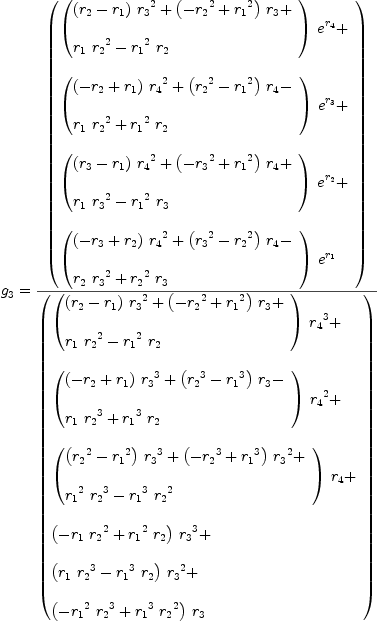 
\label{eq15}\begin{array}{@{}l}
\displaystyle
{g_{3}}={{\left(
\begin{array}{@{}l}
\displaystyle
{{\left({
\begin{array}{@{}l}
\displaystyle
{{\left({r_{2}}-{r_{1}}\right)}\ {{r_{3}}^{2}}}+{{\left(-{{r_{2}}^{2}}+{{r_{1}}^{2}}\right)}\ {r_{3}}}+ 
\
\
\displaystyle
{{r_{1}}\ {{r_{2}}^{2}}}-{{{r_{1}}^{2}}\ {r_{2}}}
